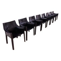 Vintage Matched Set of 8 Mario Bellini Black Leather Cab Armchairs for Cassina