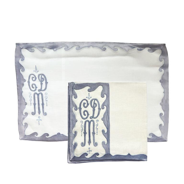American Classical Vintage Matching Monogramed Purple Placemat and Napkin Set - Service for 12  For Sale