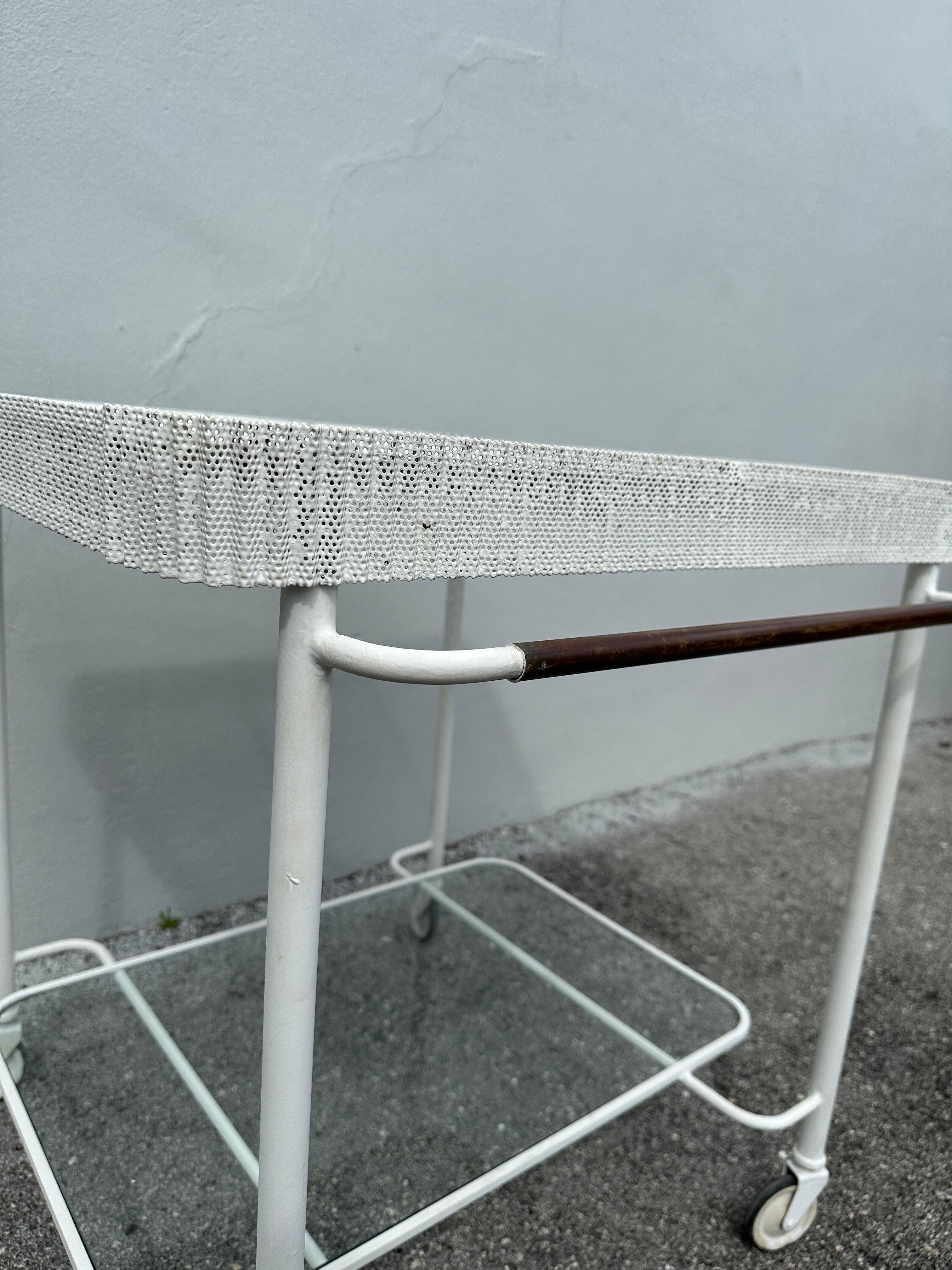 Vintage Mathieu Matégot Perforated Metal Design Rolling Bar Cart In Good Condition For Sale In East Hampton, NY