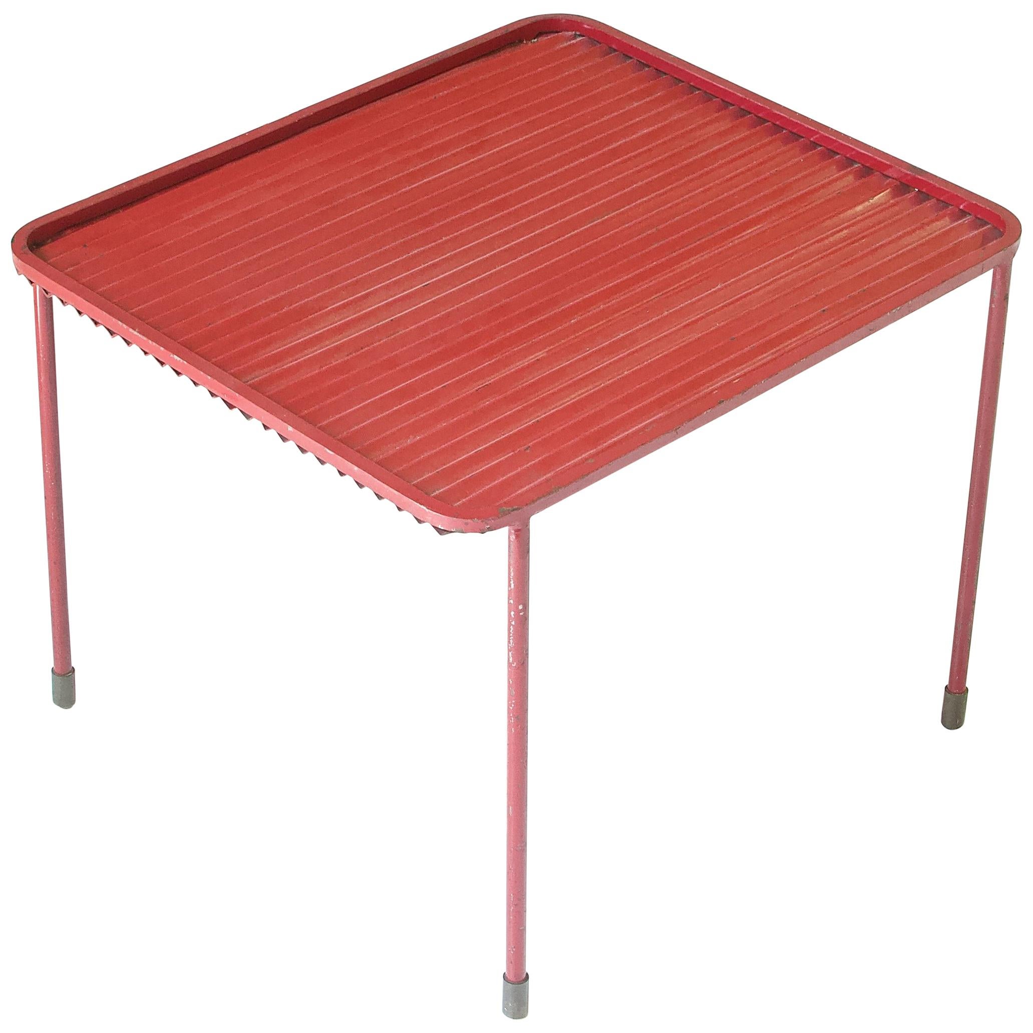 Vintage Mathieu Matégot Red-Painted Corrugated Steel Side Table, France, 1950s