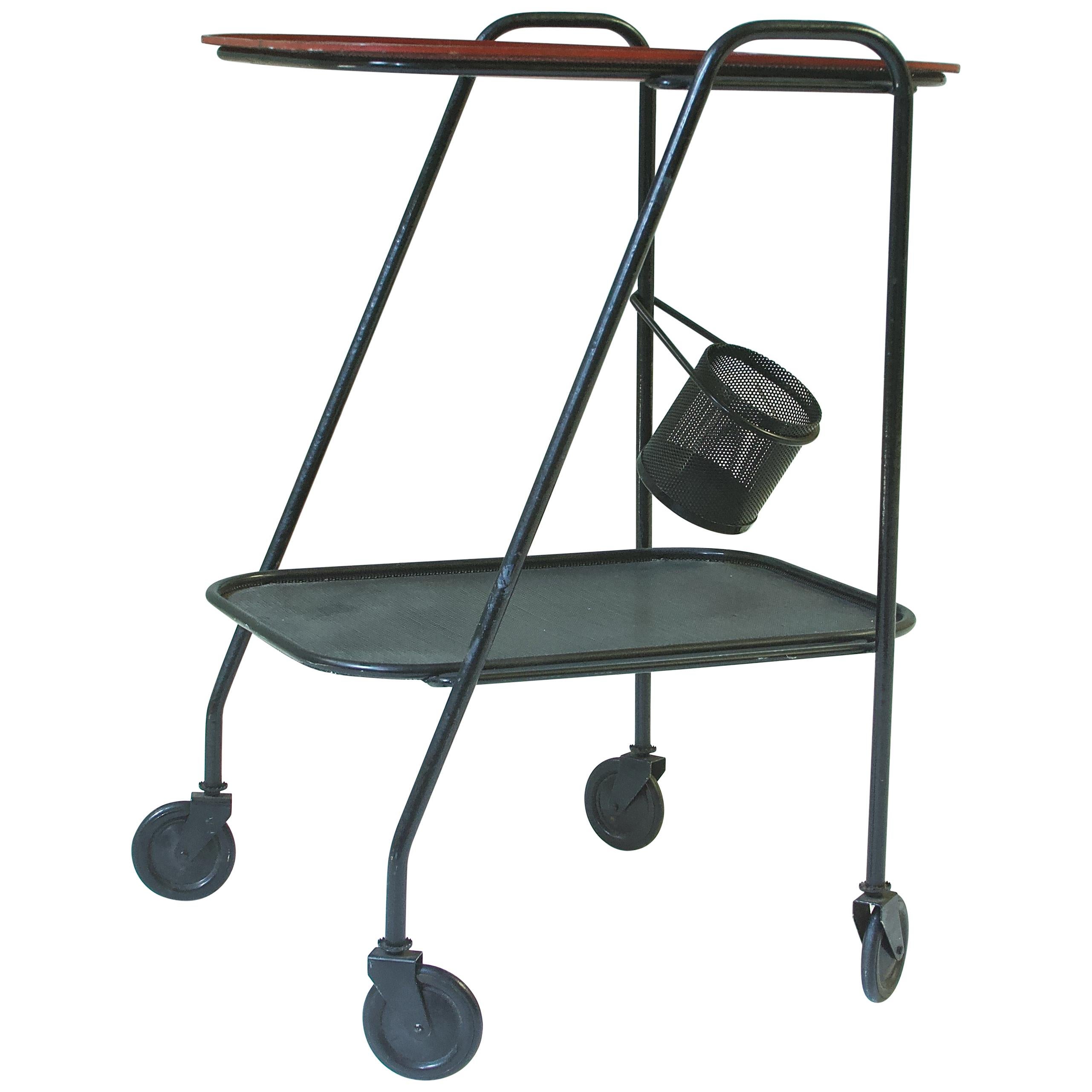 Vintage Mathieu Matégot Steel Bar Cart or Serving Trolley, France, 1950s