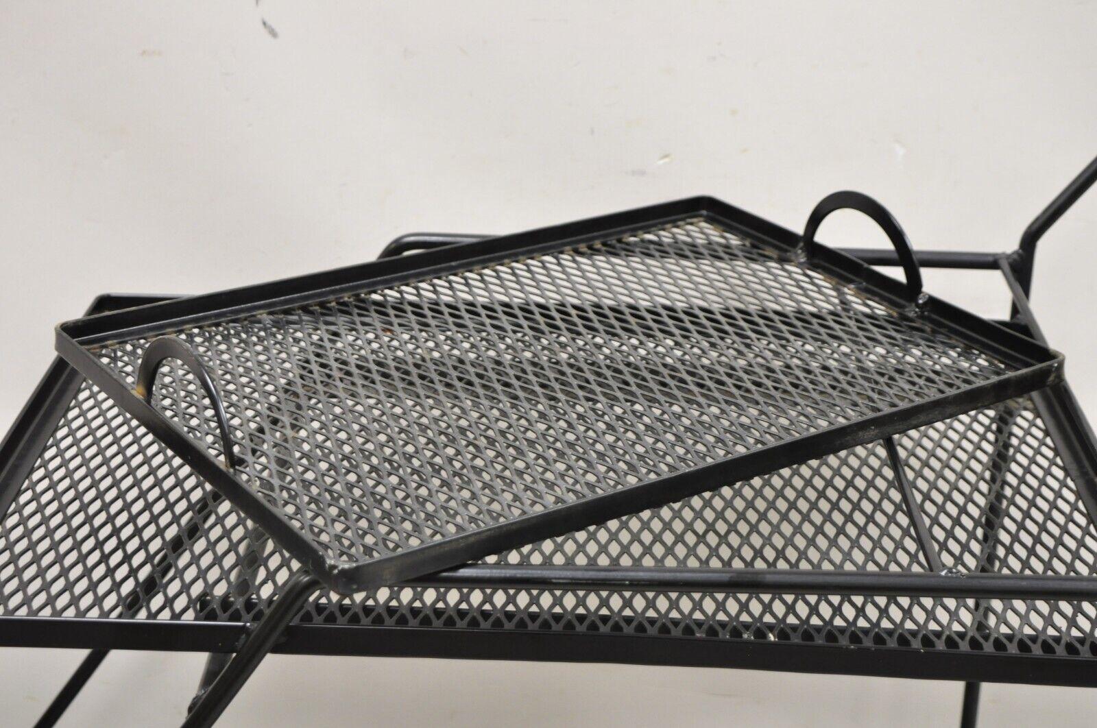 Vintage Mathieu Mategot Style Black Wrought Iron 2 Tier Modern Bar Cart Trolley In Good Condition For Sale In Philadelphia, PA