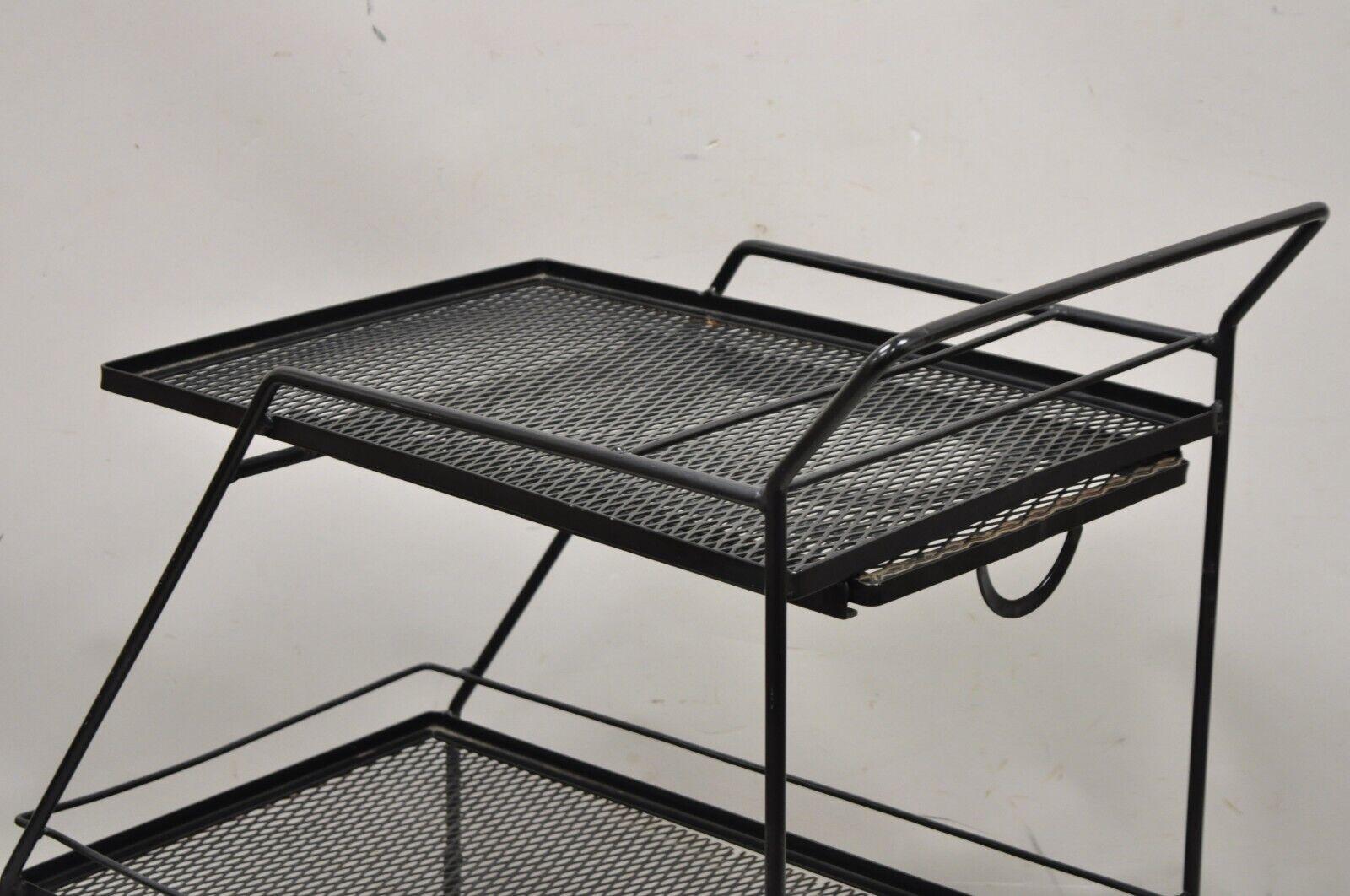 Vintage Mathieu Mategot Style Black Wrought Iron 2 Tier Modern Bar Cart Trolley For Sale 1
