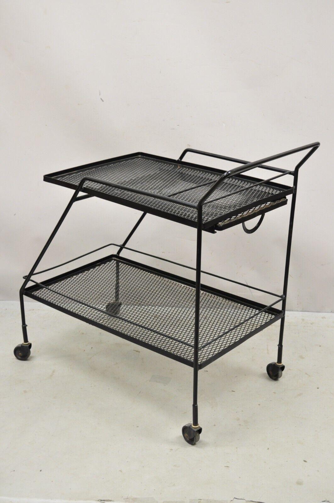 Vintage Mathieu Mategot Style Black Wrought Iron 2 Tier Modern Bar Cart Trolley For Sale 3