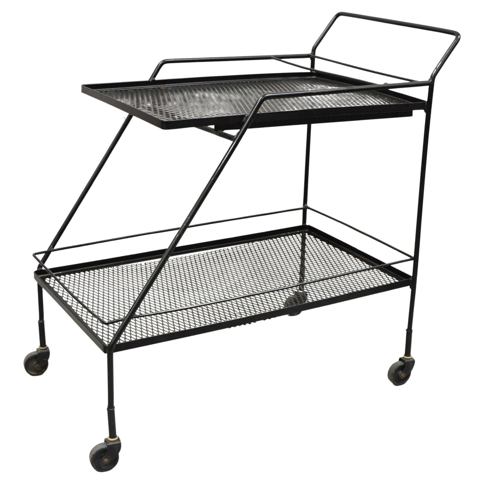 Vintage Mathieu Mategot Style Black Wrought Iron 2 Tier Modern Bar Cart Trolley For Sale