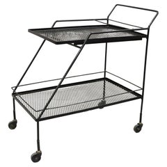 Retro Mathieu Mategot Style Black Wrought Iron 2 Tier Modern Bar Cart Trolley