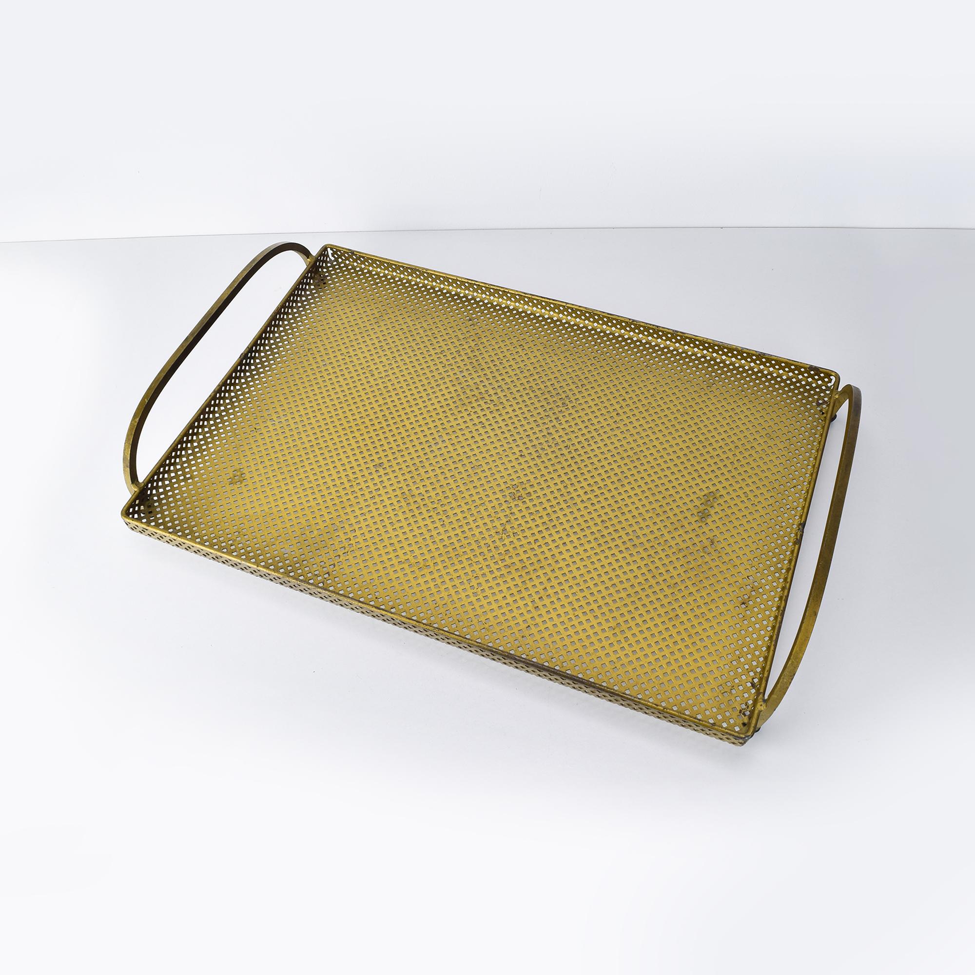 French Vintage Mathieu Mategot Style Perforated Metal Tray with Handles For Sale
