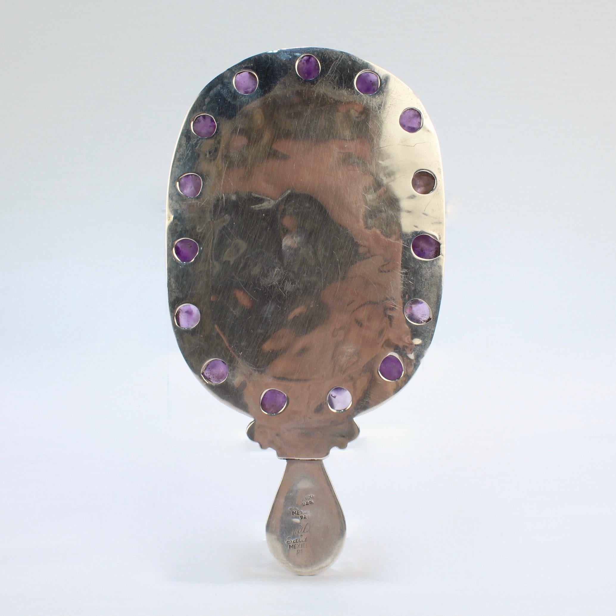 Modernist Vintage Matilde Poulat Mexican Sterling Silver Amethyst & Turquoise Hand Mirror