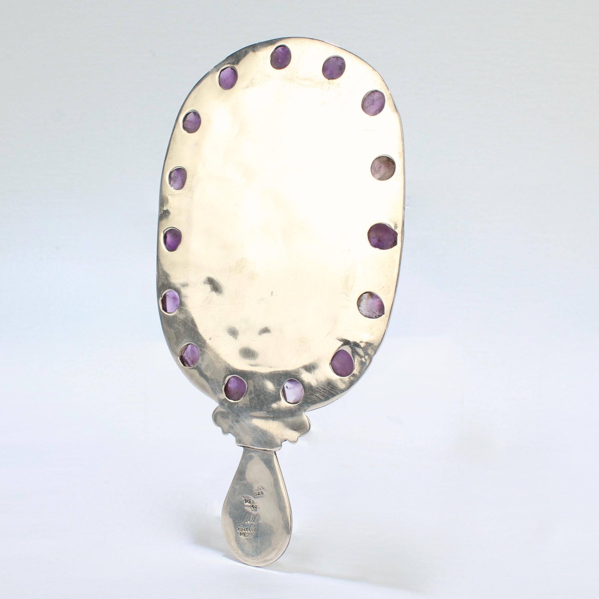 Vintage Matilde Poulat Mexican Sterling Silver Amethyst & Turquoise Hand Mirror In Good Condition In Philadelphia, PA
