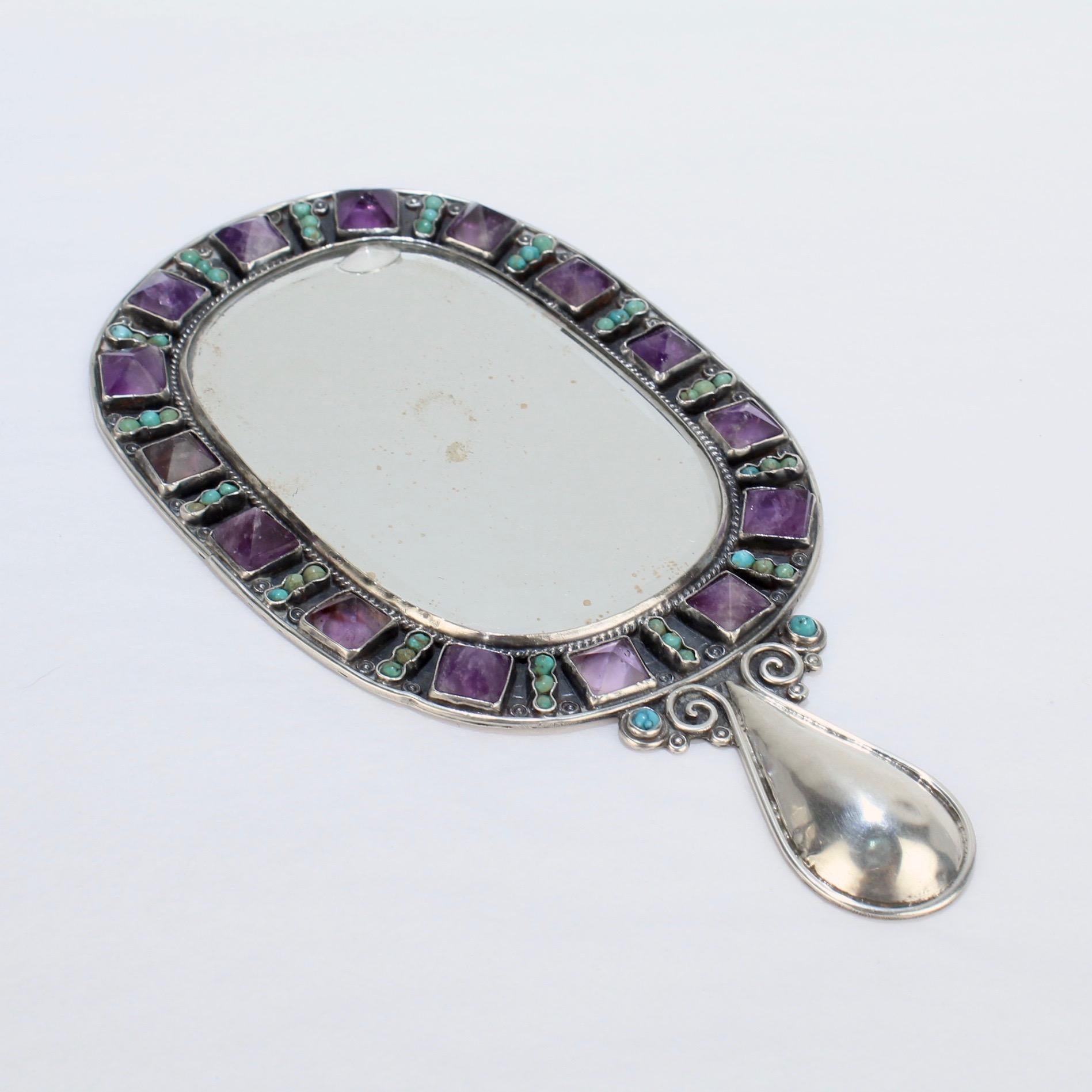 Women's or Men's Vintage Matilde Poulat Mexican Sterling Silver Amethyst & Turquoise Hand Mirror