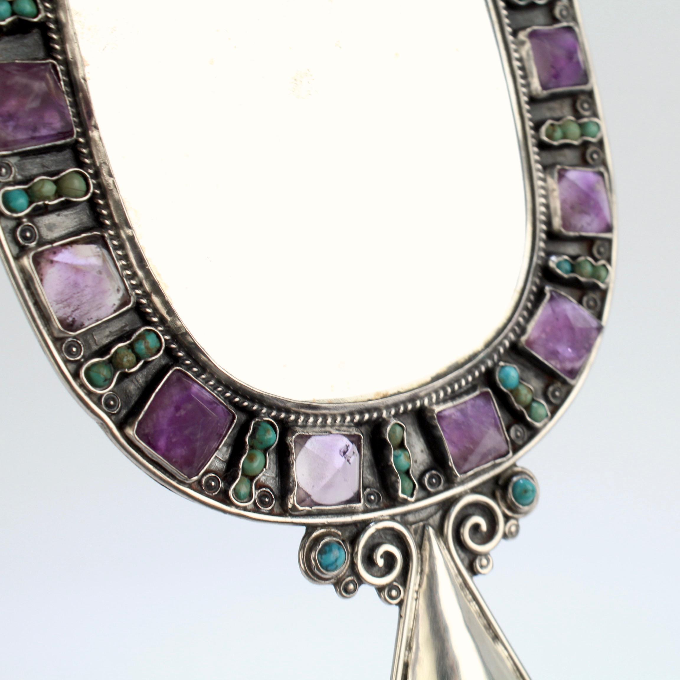 Vintage Matilde Poulat Mexican Sterling Silver Amethyst & Turquoise Hand Mirror 2