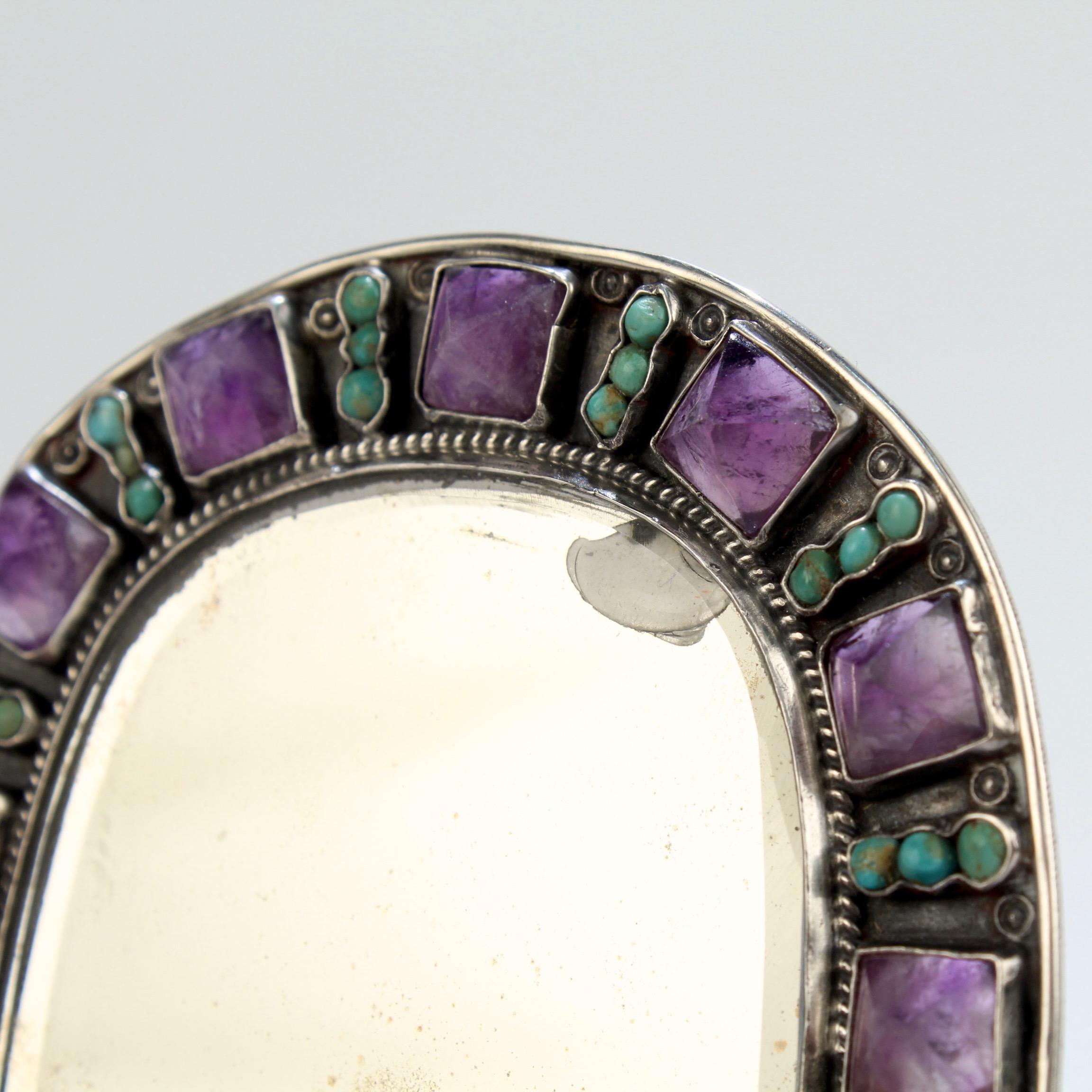 Vintage Matilde Poulat Mexican Sterling Silver Amethyst & Turquoise Hand Mirror 3