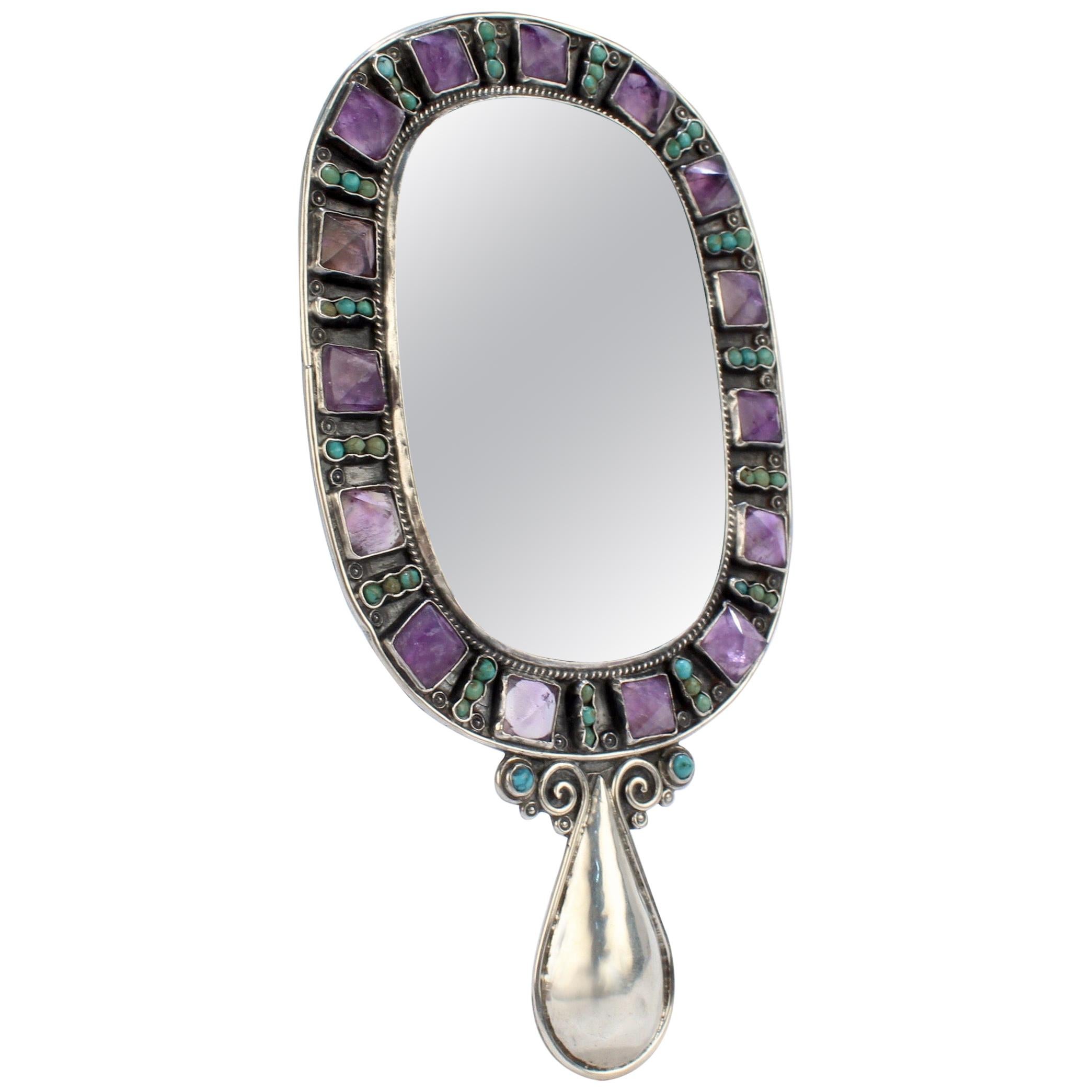 Vintage Matilde Poulat Mexican Sterling Silver Amethyst & Turquoise Hand Mirror