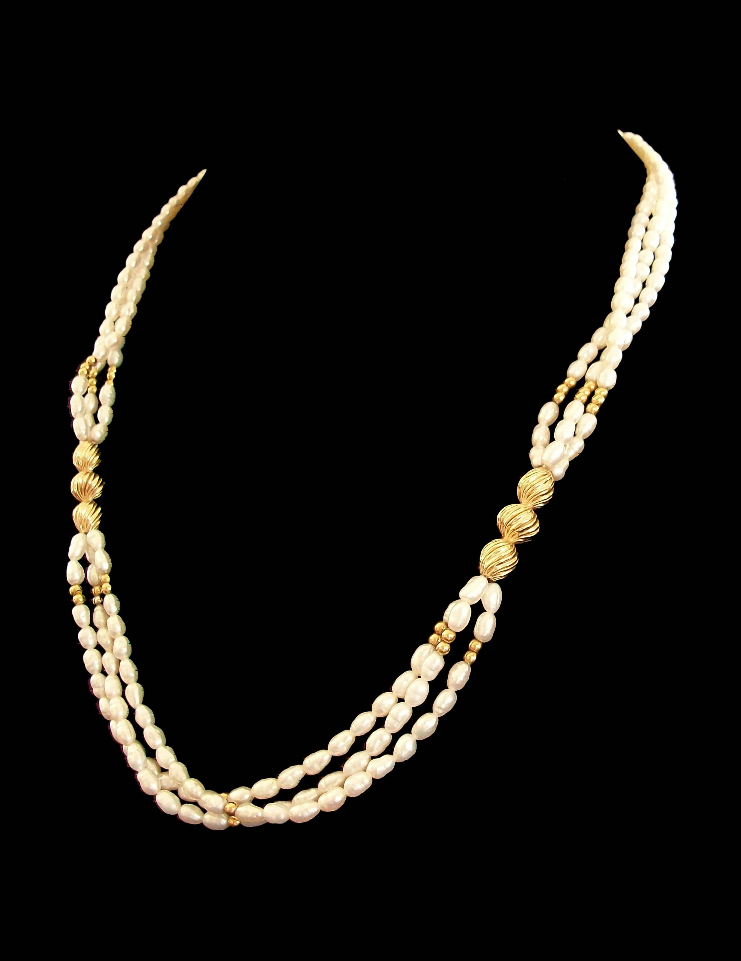 Modernist Vintage Matinee Length Keshi Baroque Pearl & 14K Gold Necklace - Circa 1980's For Sale
