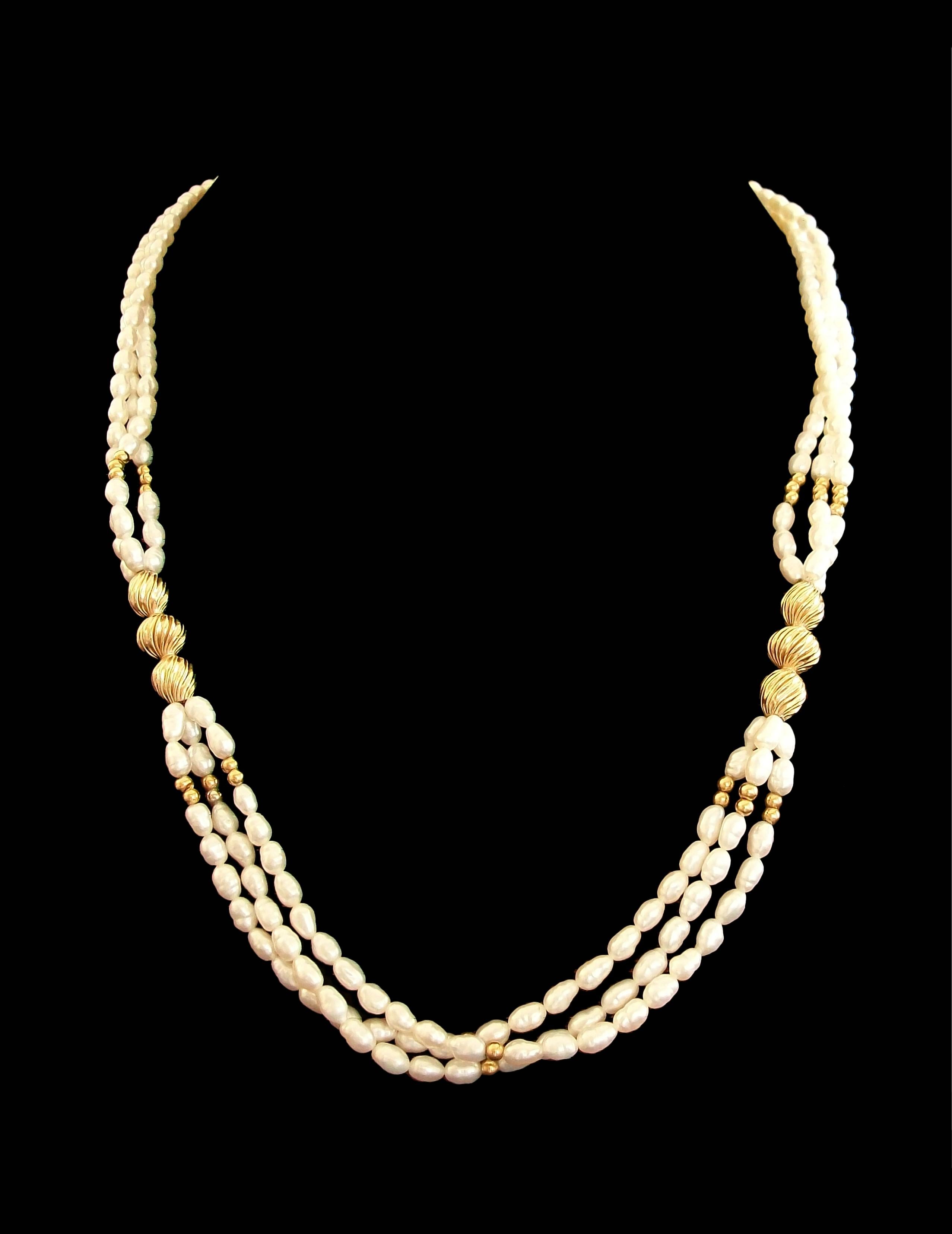 Bead Vintage Matinee Length Keshi Baroque Pearl & 14K Gold Necklace - Circa 1980's For Sale