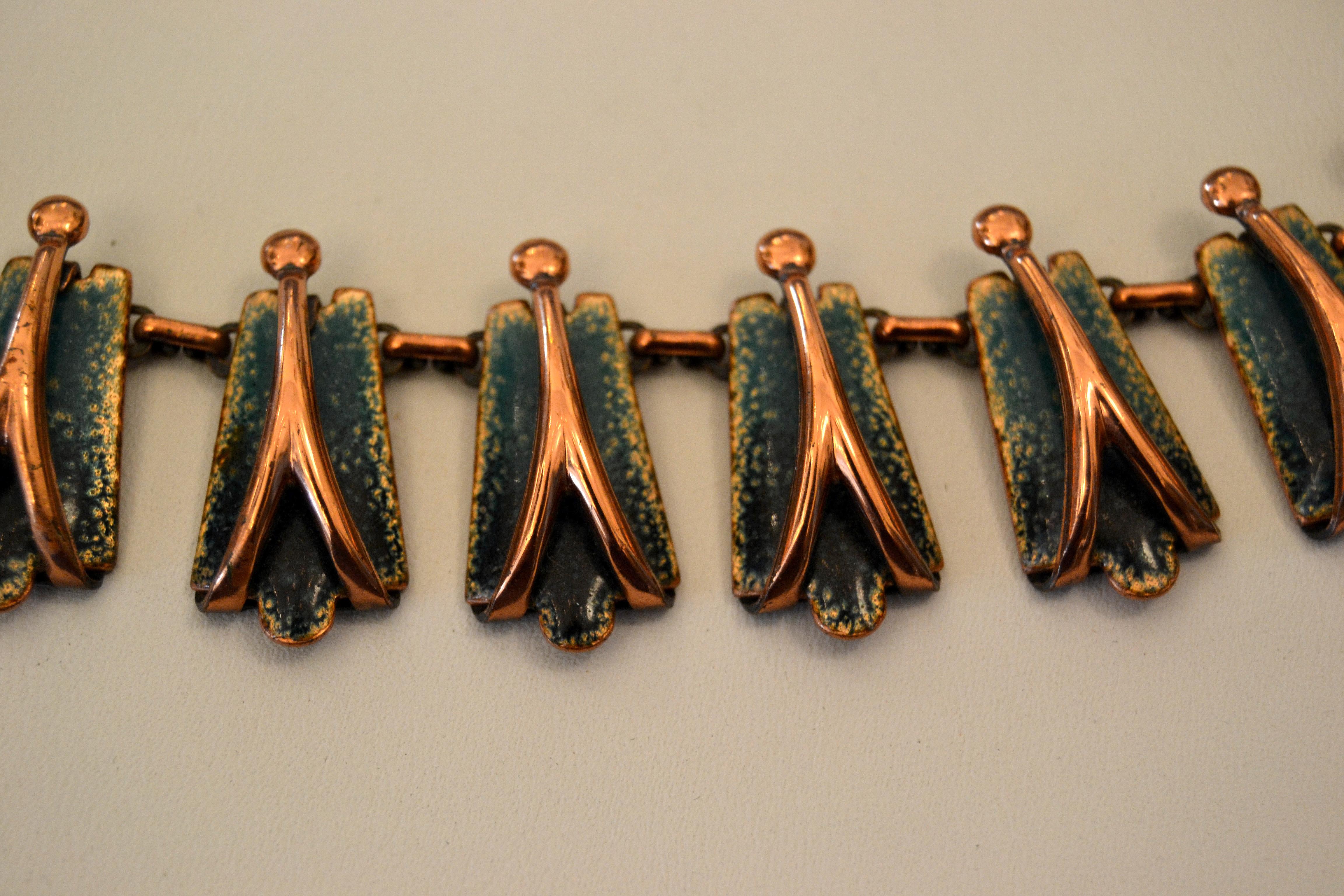 Mid-Century Modern Vintage Matisse Costume Green Enamel With Copper Necklace, 1960s For Sale
