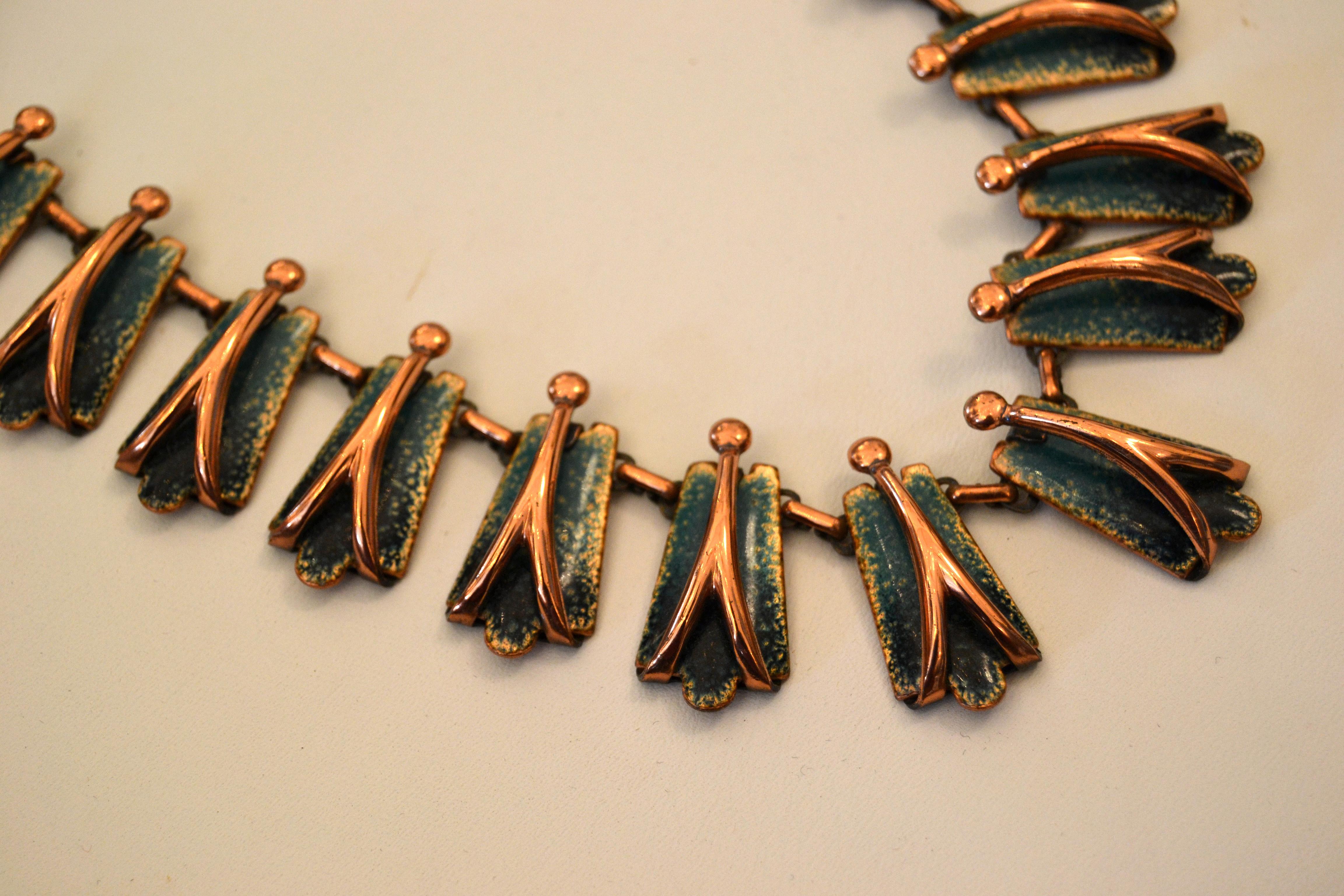 American Vintage Matisse Costume Green Enamel With Copper Necklace, 1960s For Sale