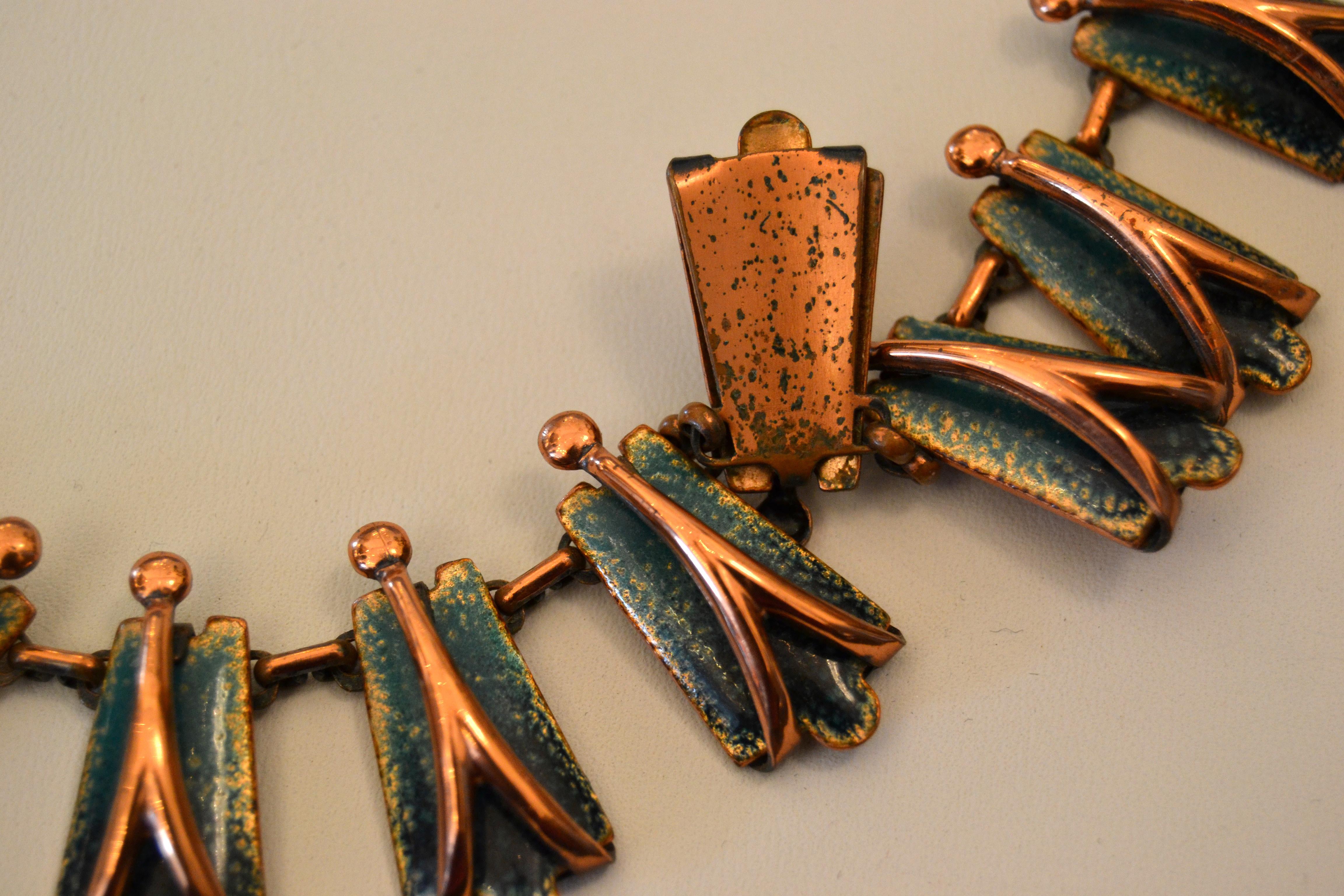 Vintage Matisse Costume Green Enamel With Copper Necklace, 1960s In Good Condition For Sale In Miami, FL