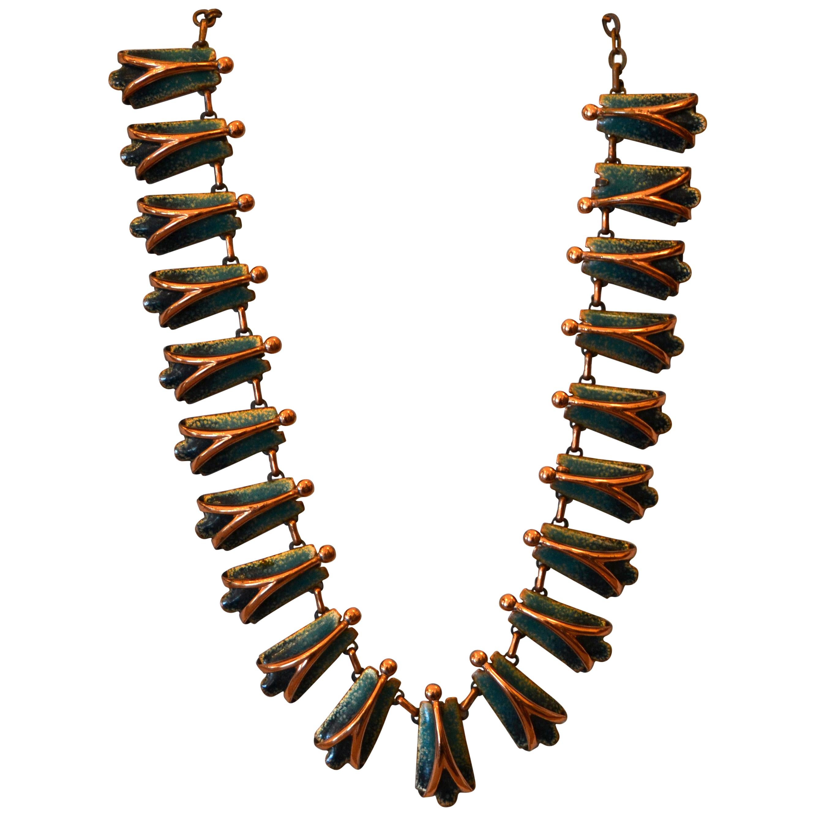 Vintage Matisse Costume Green Enamel With Copper Necklace, 1960s For Sale