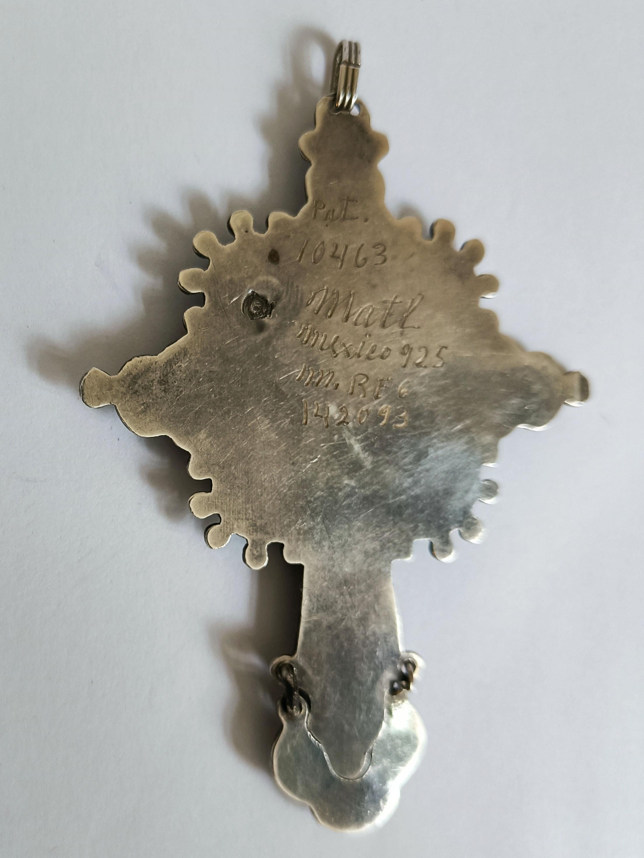 American Vintage MATL Matilde Poulat Gemstone Inlaid Silver Cross – Taxco Mexico, 1950s For Sale