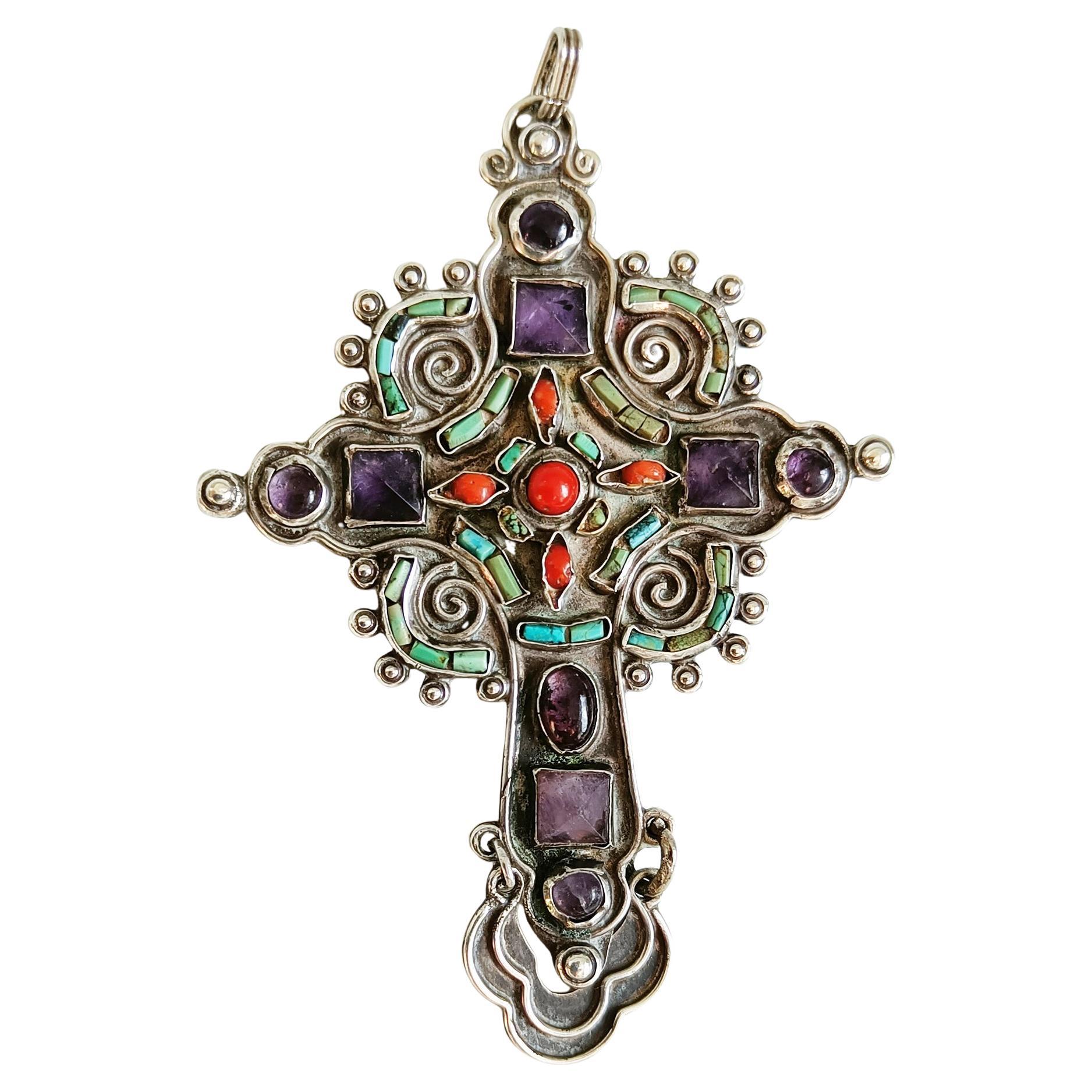 Vintage MATL Matilde Poulat Gemstone Inlaid Silver Cross – Taxco Mexico, 1950s