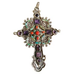 Vintage MATL Matilde Poulat Gemstone Inlaid Silver Cross - Taxco Mexico, 1950s
