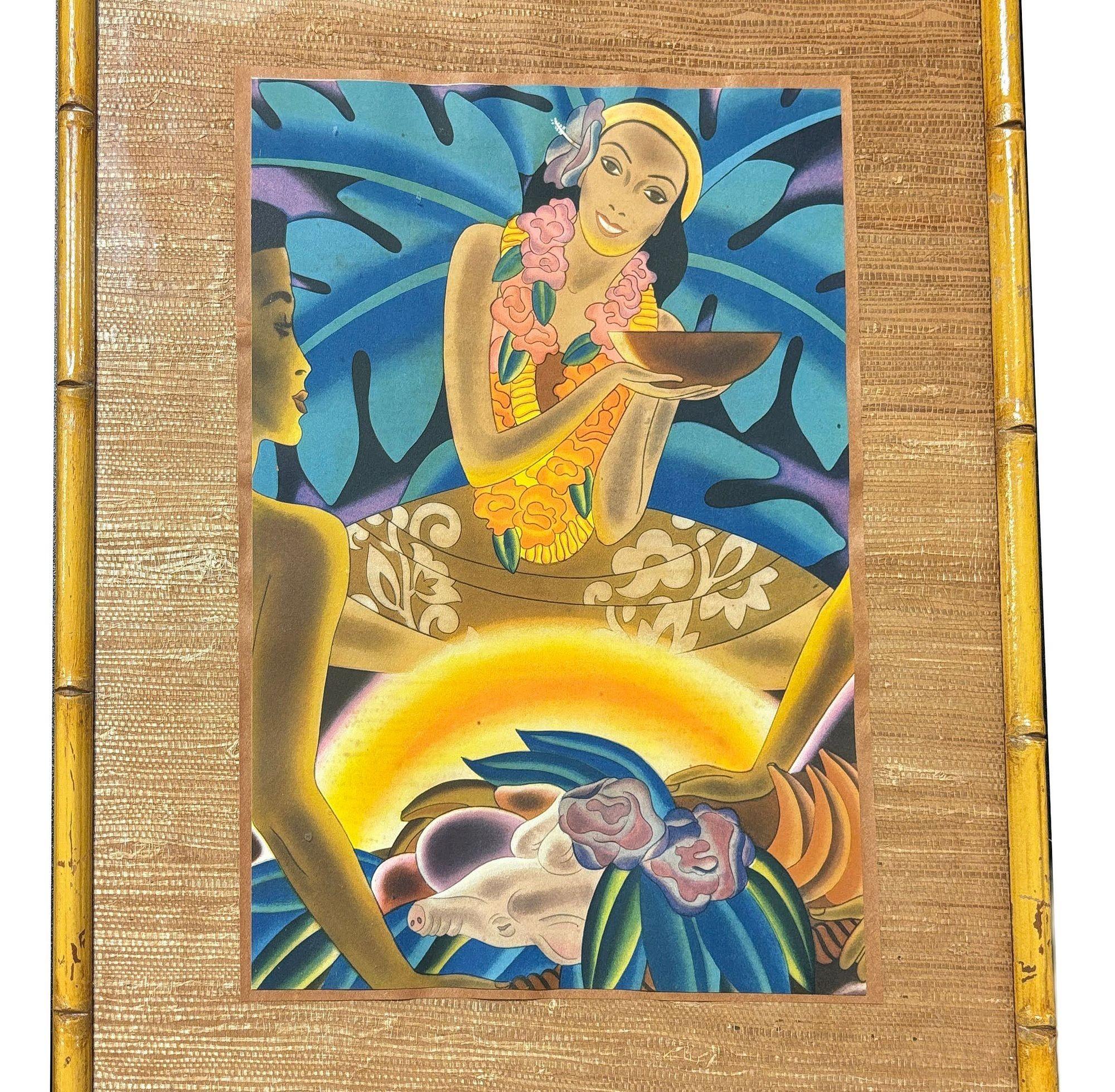 A charming pair of vintage Matson Lines Hawaii cruise ship menu covers, beautifully framed in a bamboo border with an intricate rice mat background. These covers capture the allure of mid-century Hawaiian travel, featuring vibrant island-themed