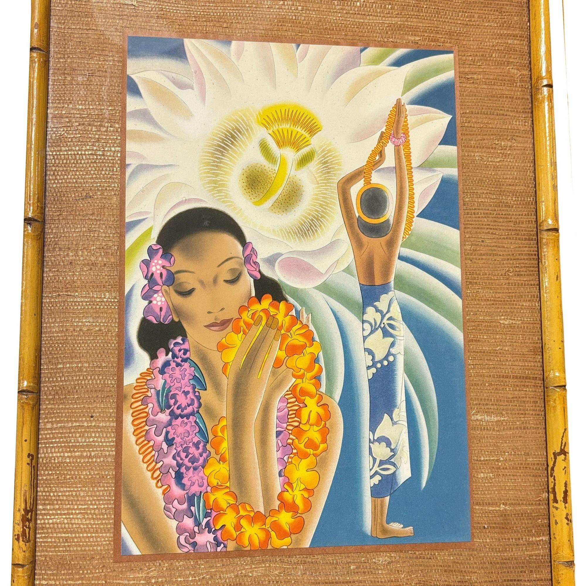 Vintage Matson Lines Hawaiin Cruise Ship Menu Covers in Bamboo Frame - Pair In Excellent Condition For Sale In Van Nuys, CA