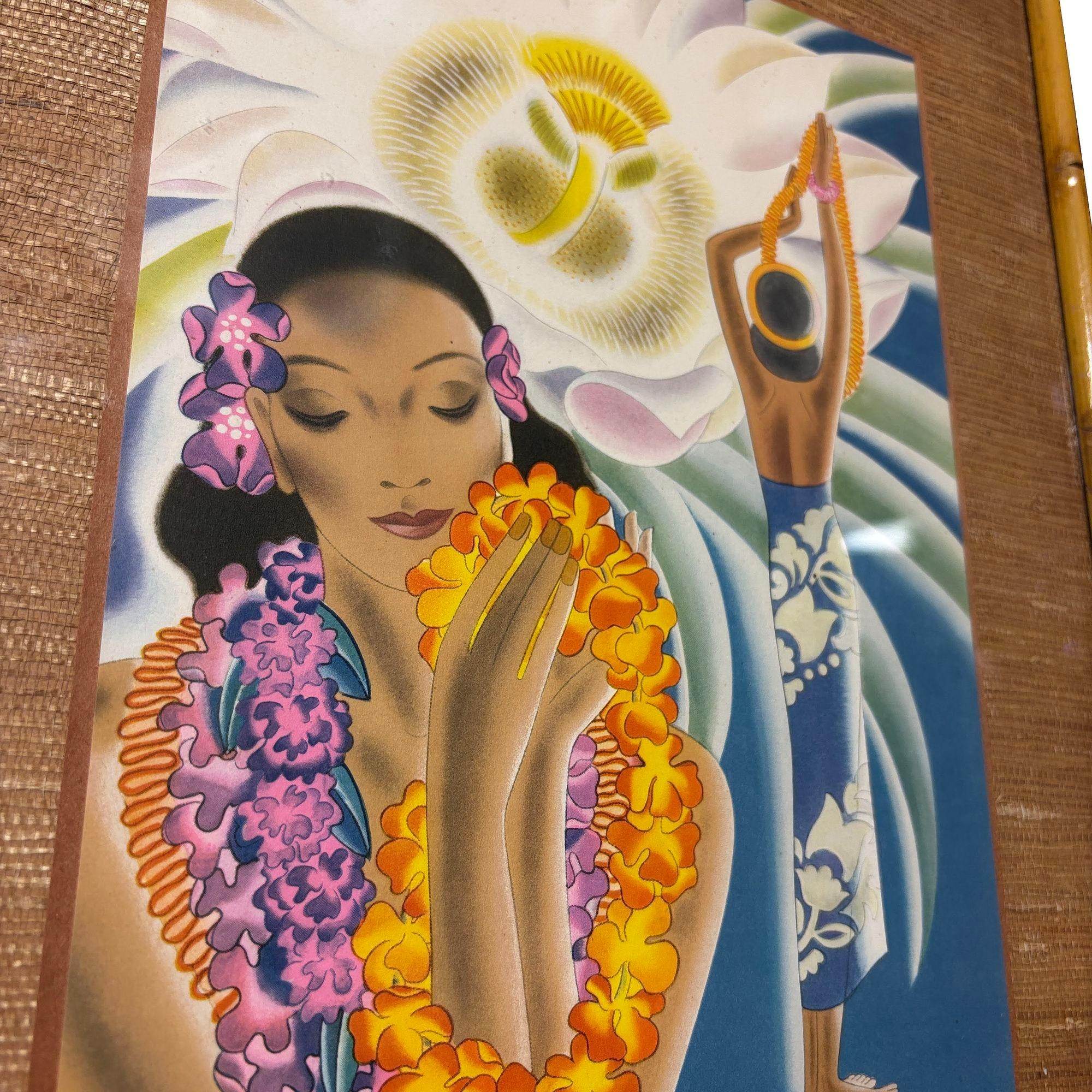 Mid-20th Century Vintage Matson Lines Hawaiin Cruise Ship Menu Covers in Bamboo Frame - Pair For Sale