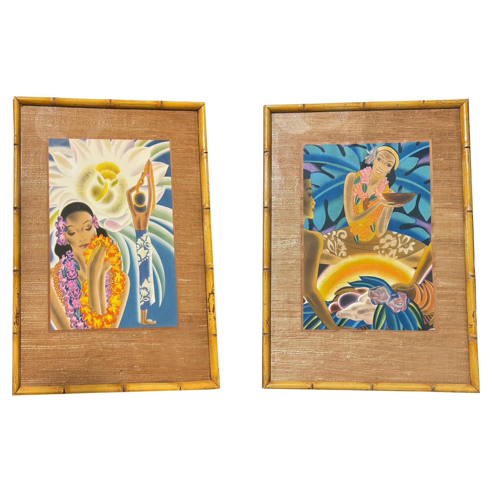 Vintage Matson Lines Hawaiin Cruise Ship Menu Covers in Bamboo Frame - Pair