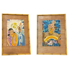 Vintage Matson Lines Hawaiin Cruise Ship Menu Covers in Bamboo Frame - Pair