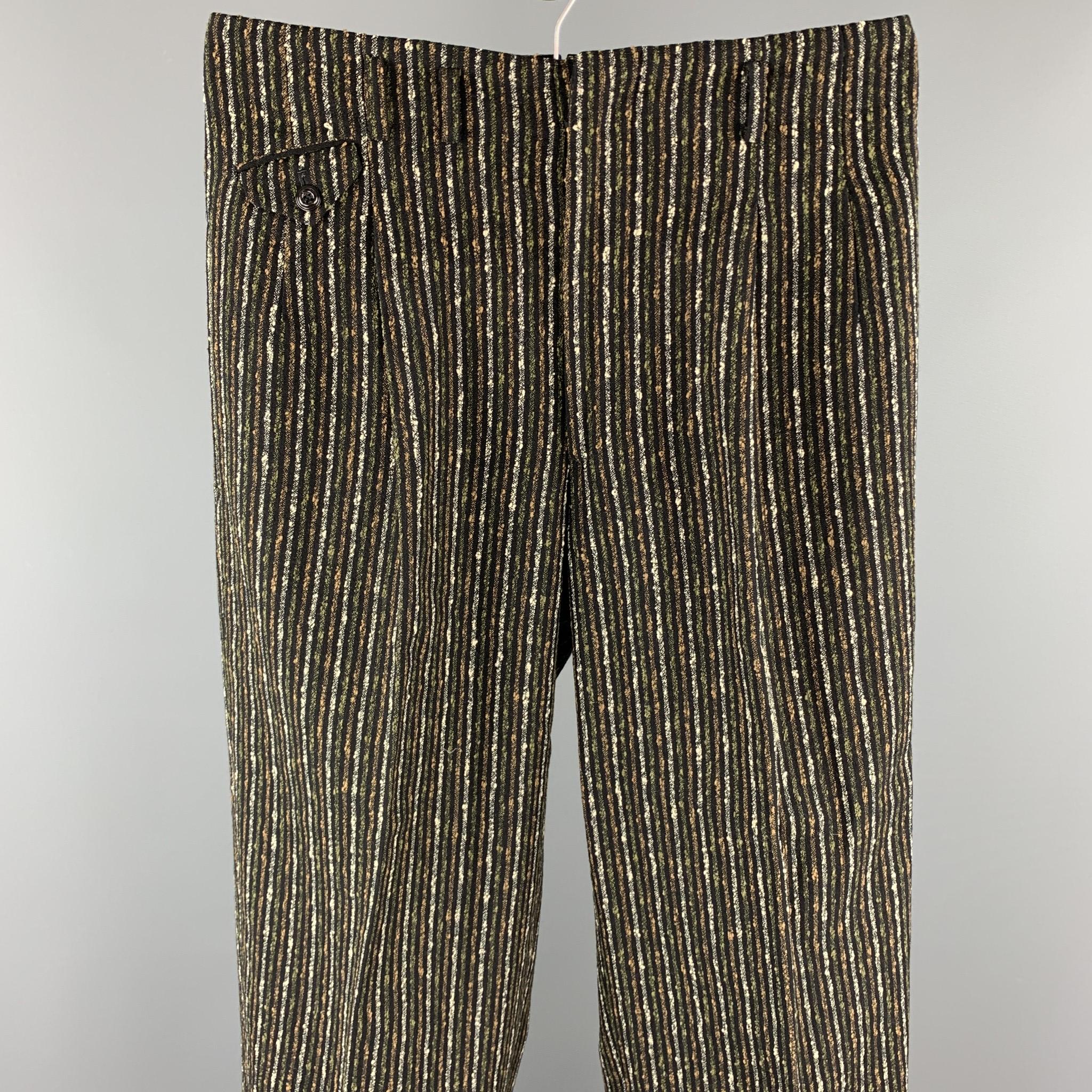 Vintage MATSUDA dress pants comes in a black & brown stripe wool blend featuring a pleated style and a zip fly closure. Made in Japan.

Excellent Pre-Owned Condition.
Marked: M

Measurements:

Waist: 32 in. 
Rise: 8.5 in.
Inseam: 32 in. 

