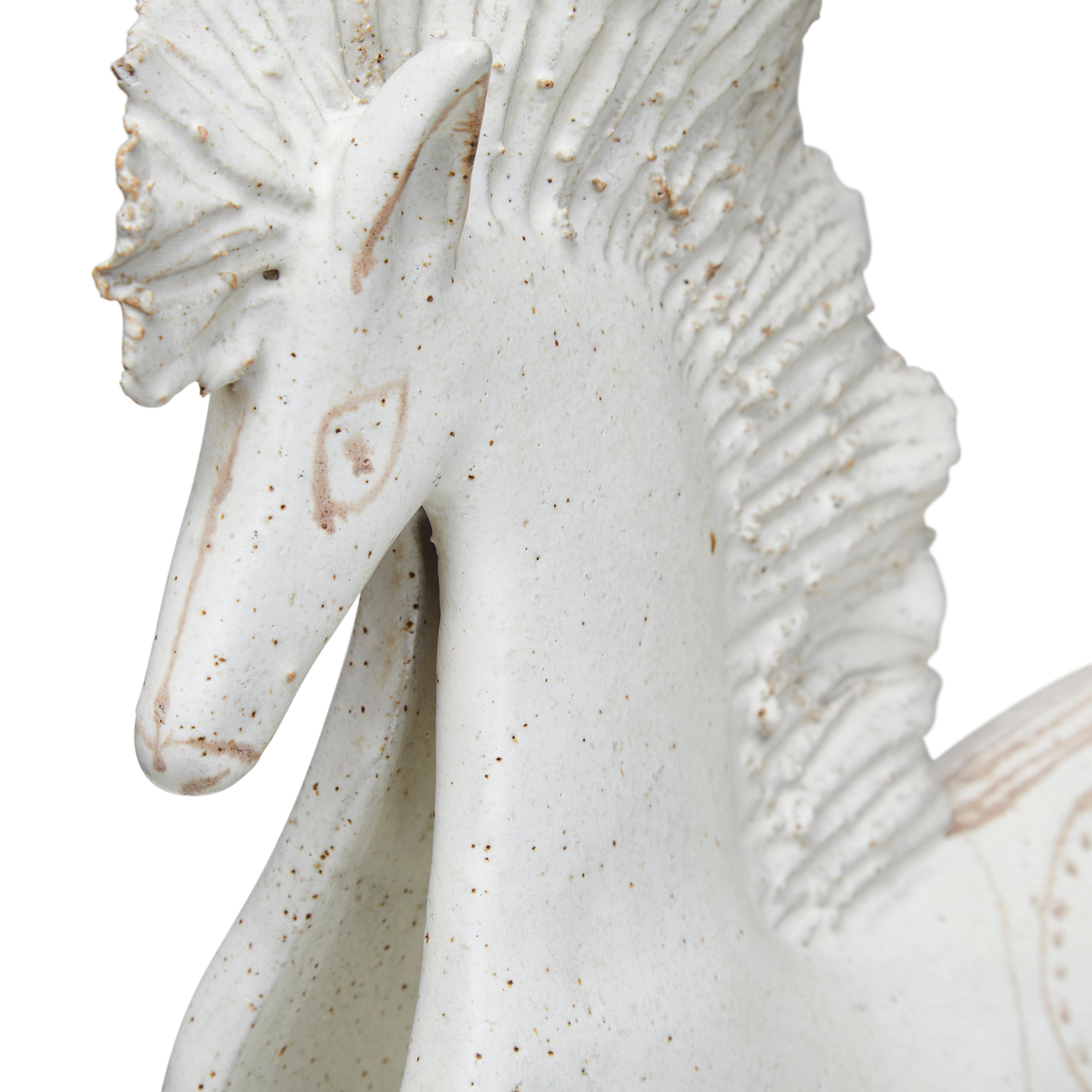 Large matt glazed ceramic horse by the celebrated ceramicist Bruno Gambone. This particular subject matter is an unusual one for this artist. Italy circa 1970s.
Bruno Gambone is an Italian ceramist and the son of Guido Gambone, one of the most