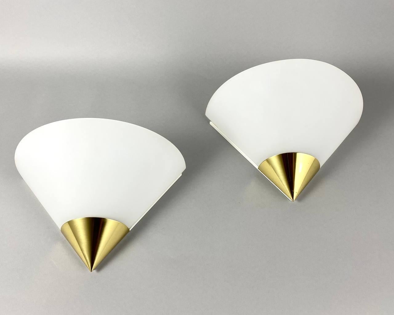 German Vintage Matte Glass and Gilt Brass Paired Wall Sconces by Glashutte Limburg