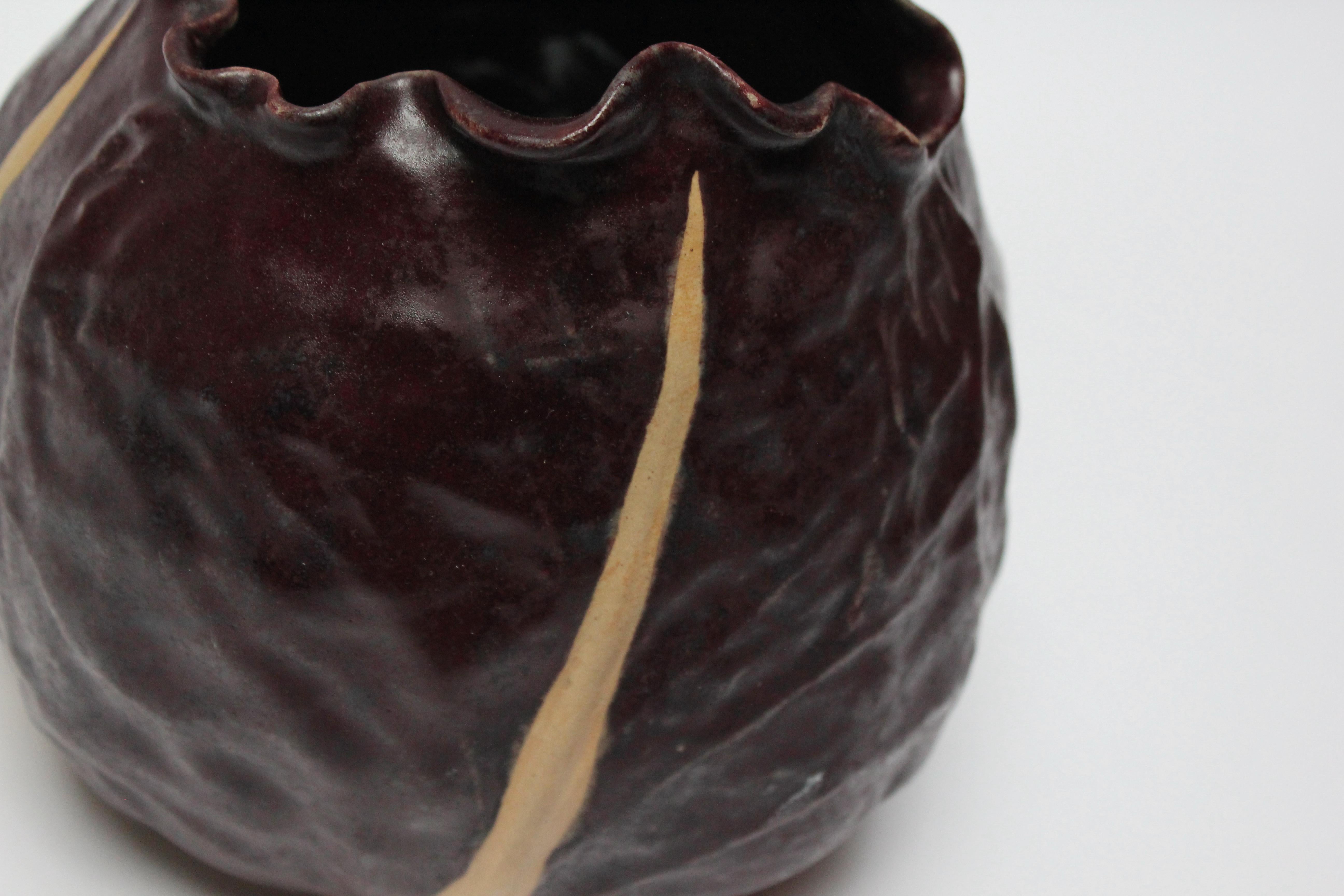 Vintage Matte-Glaze Cordovan Crimped Ceramic Vase For Sale 8