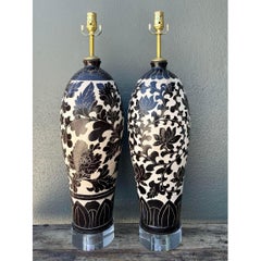 Vintage Matte Glazed Ceramic Floral Lamps - A Pair