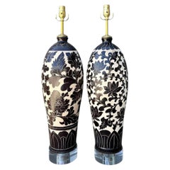 Vintage Matte Glazed Ceramic Floral Lamps - A Pair