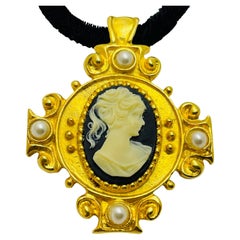 Vintage matte gold cameo Maltese cross designer runway necklace