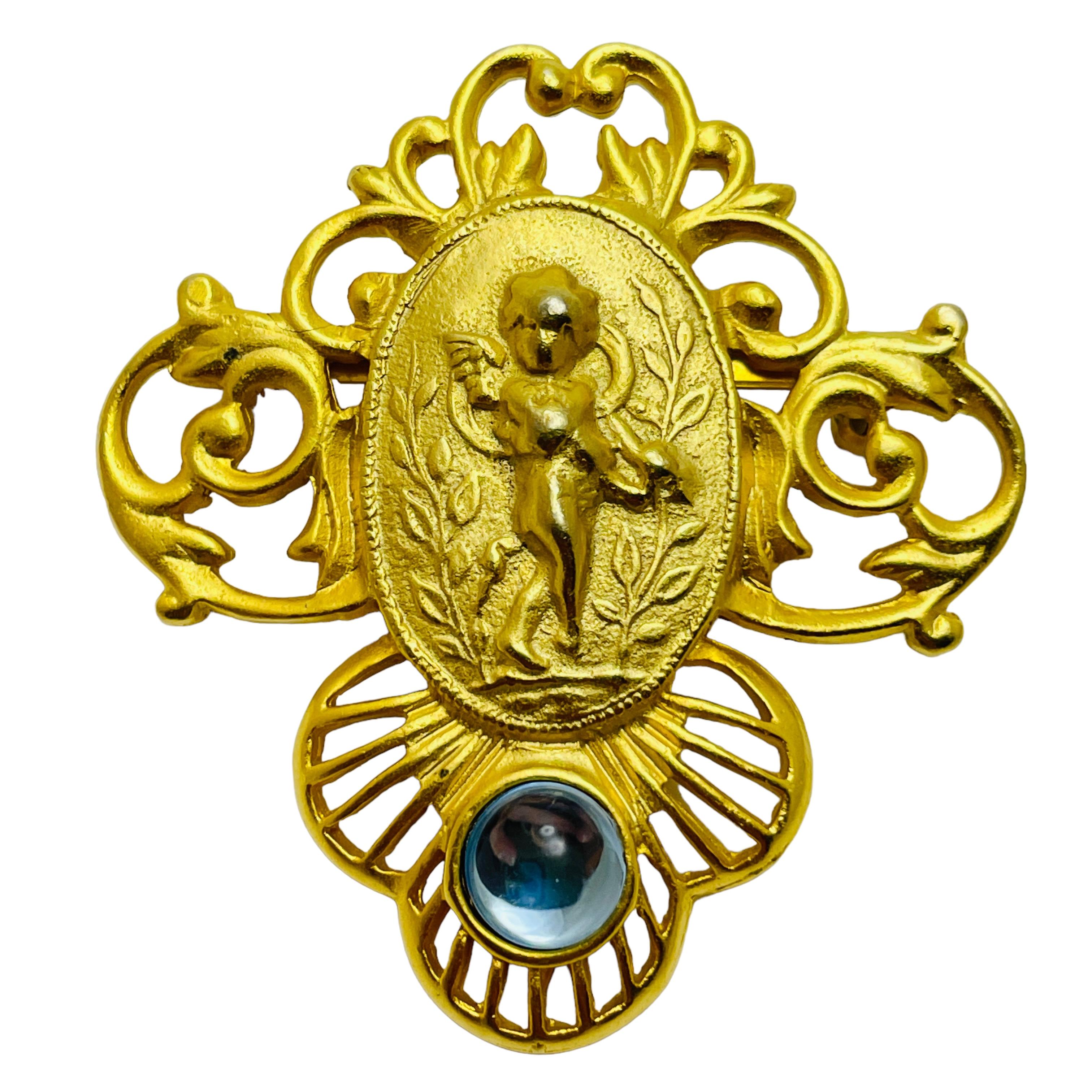 Vintage matte gold cherub angel designer brooch For Sale