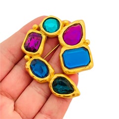 Vintage matte gold colorful glass brooch designer runway