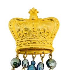 Vintage matte gold crown glass dangle brooch