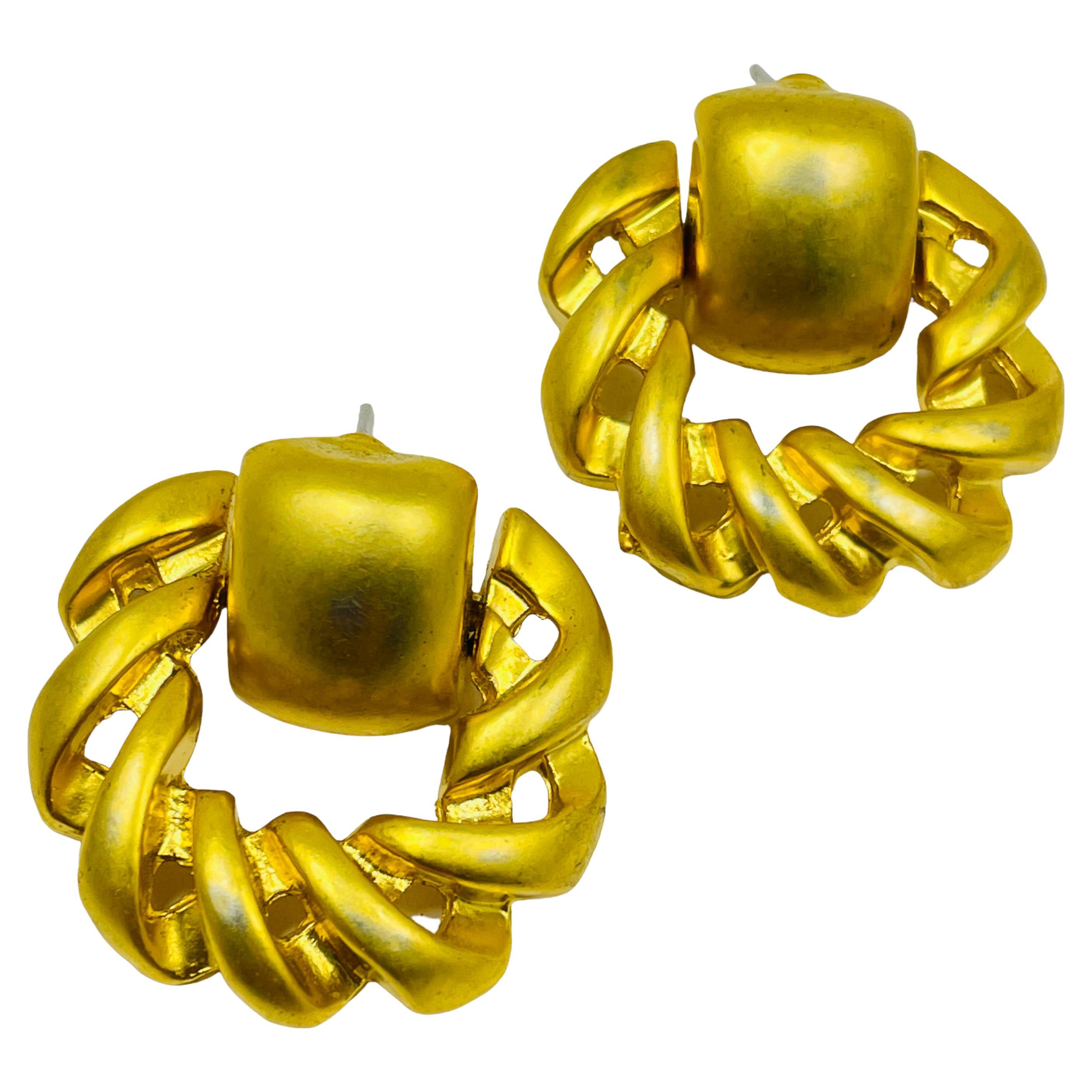 Vintage matte gold door knocker designer pierced earrings For Sale