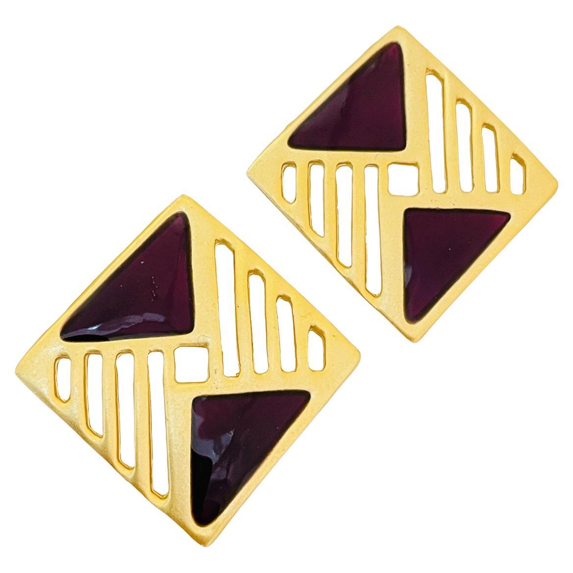 Vintage matte gold enamel designer runway earrings For Sale