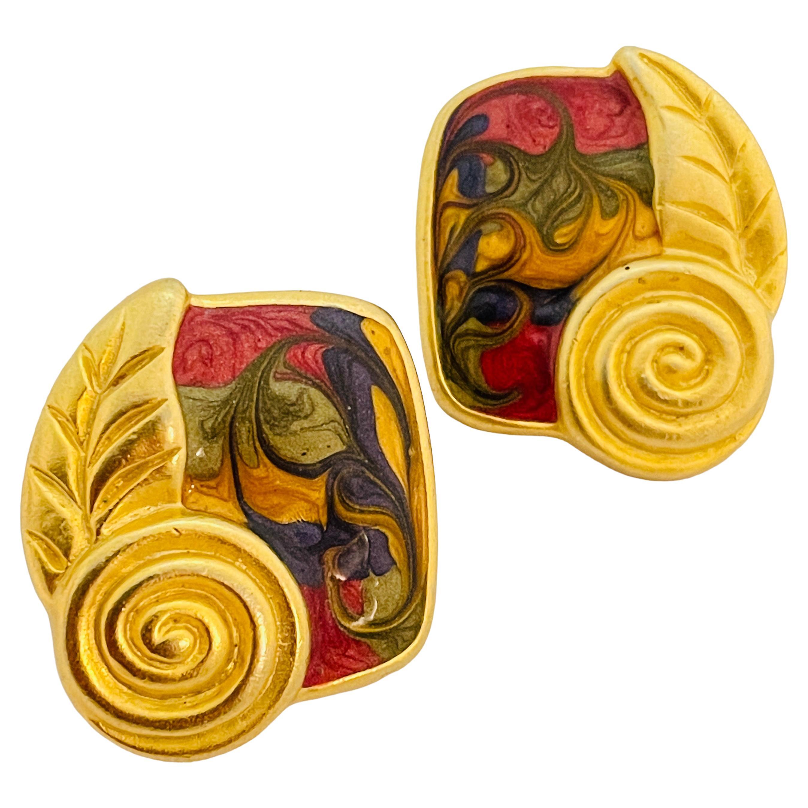Vintage matte gold enamel leaf designer runway pierced earrings For Sale