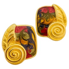 Vintage matte gold enamel leaf designer runway pierced earrings