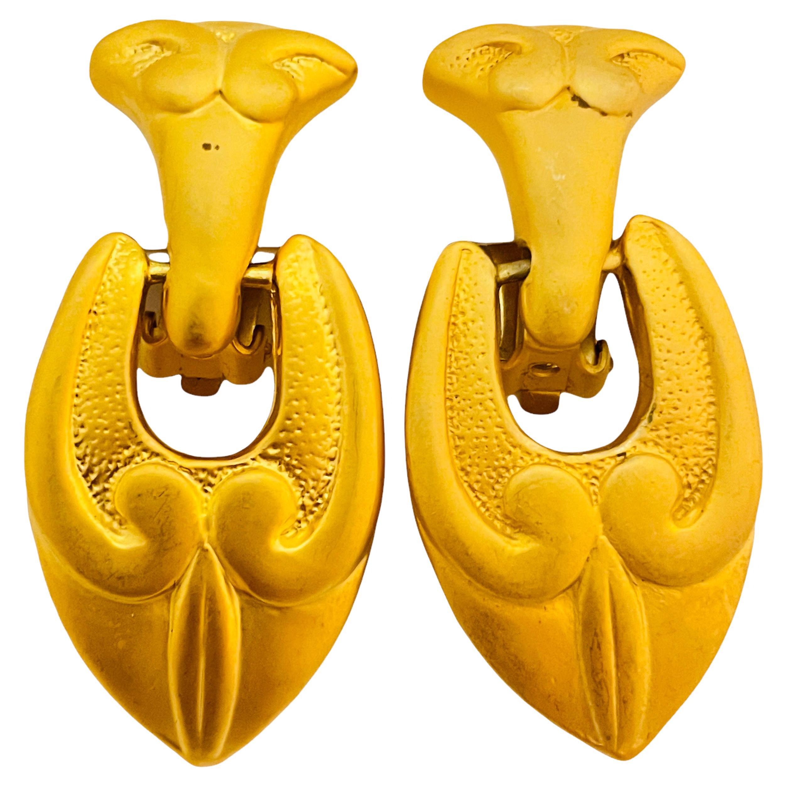Vintage matte gold Etruscan style drop designer runway clip on earrings
