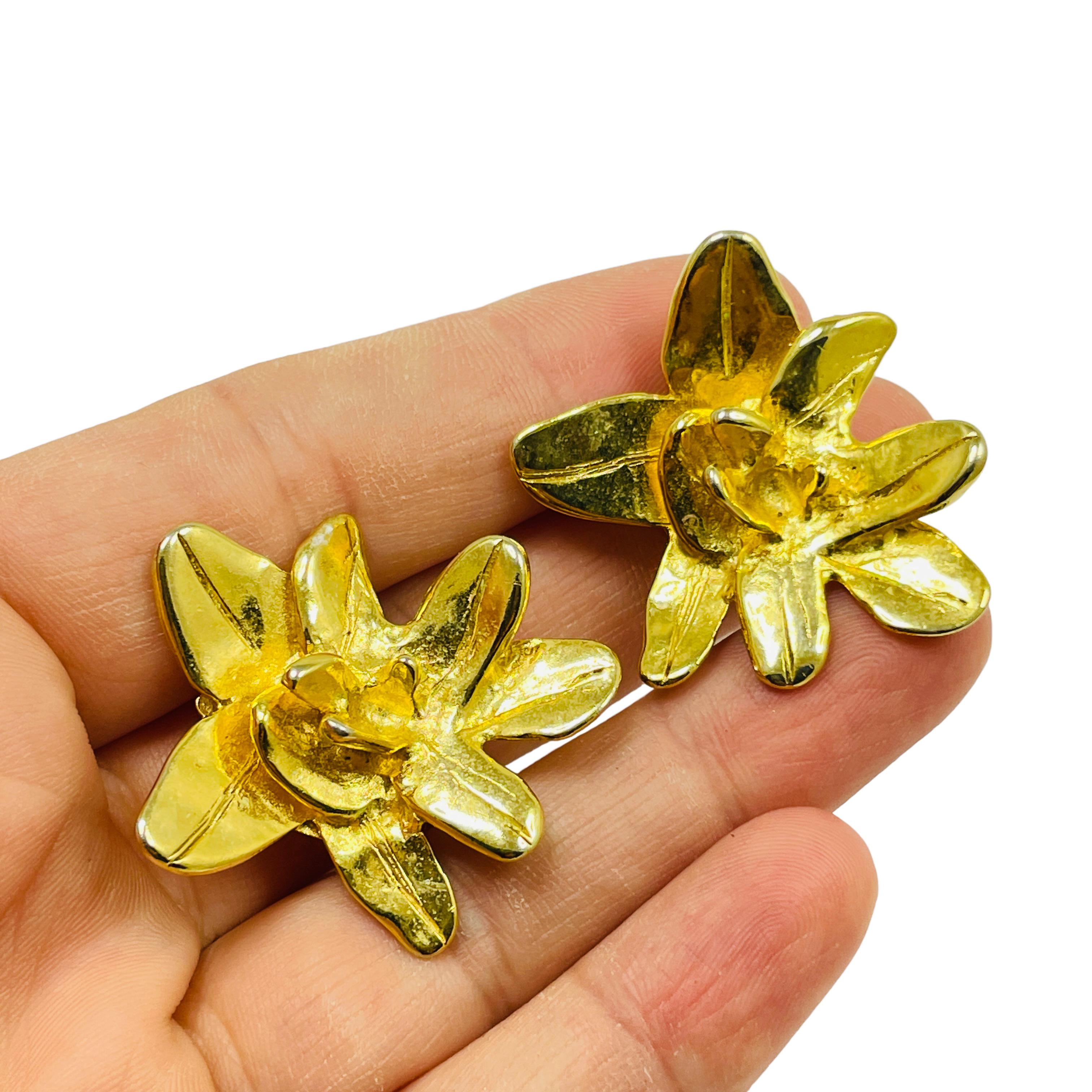 Women's or Men's Vintage matte gold flower designer runway clip on earrings