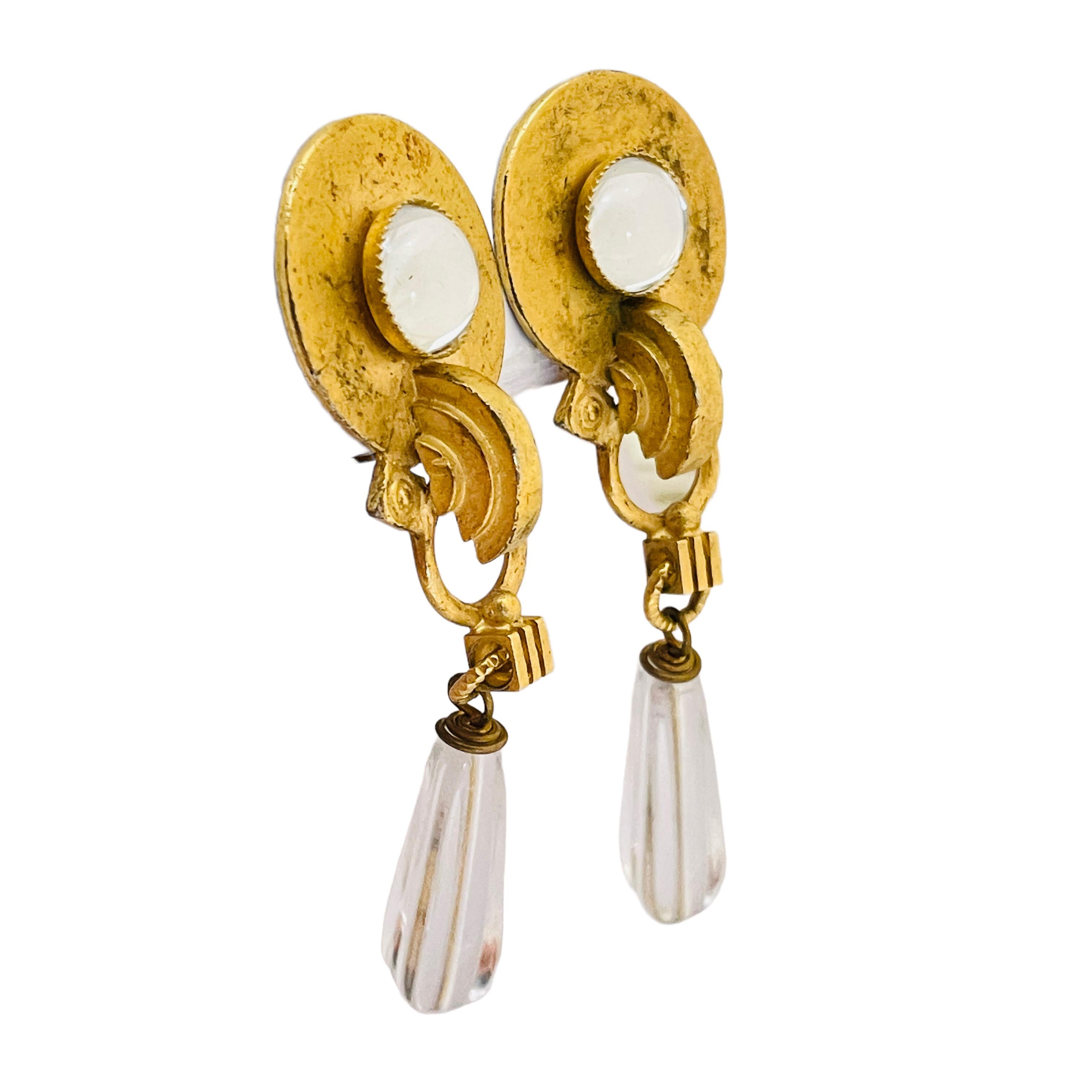 Women's or Men's Vintage matte gold glass dangle designer runway clip on earrings For Sale