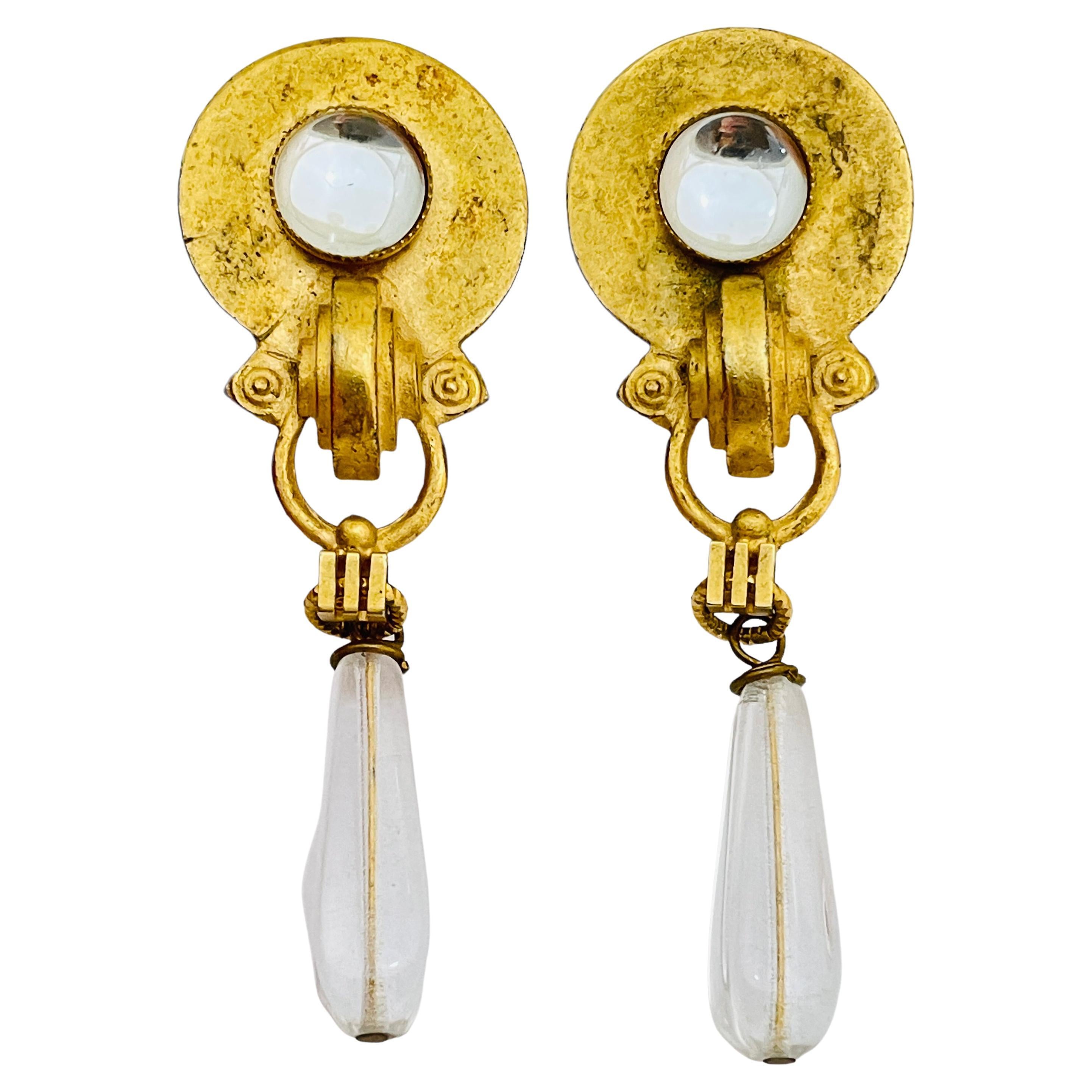 Vintage matte gold glass dangle designer runway clip on earrings For Sale