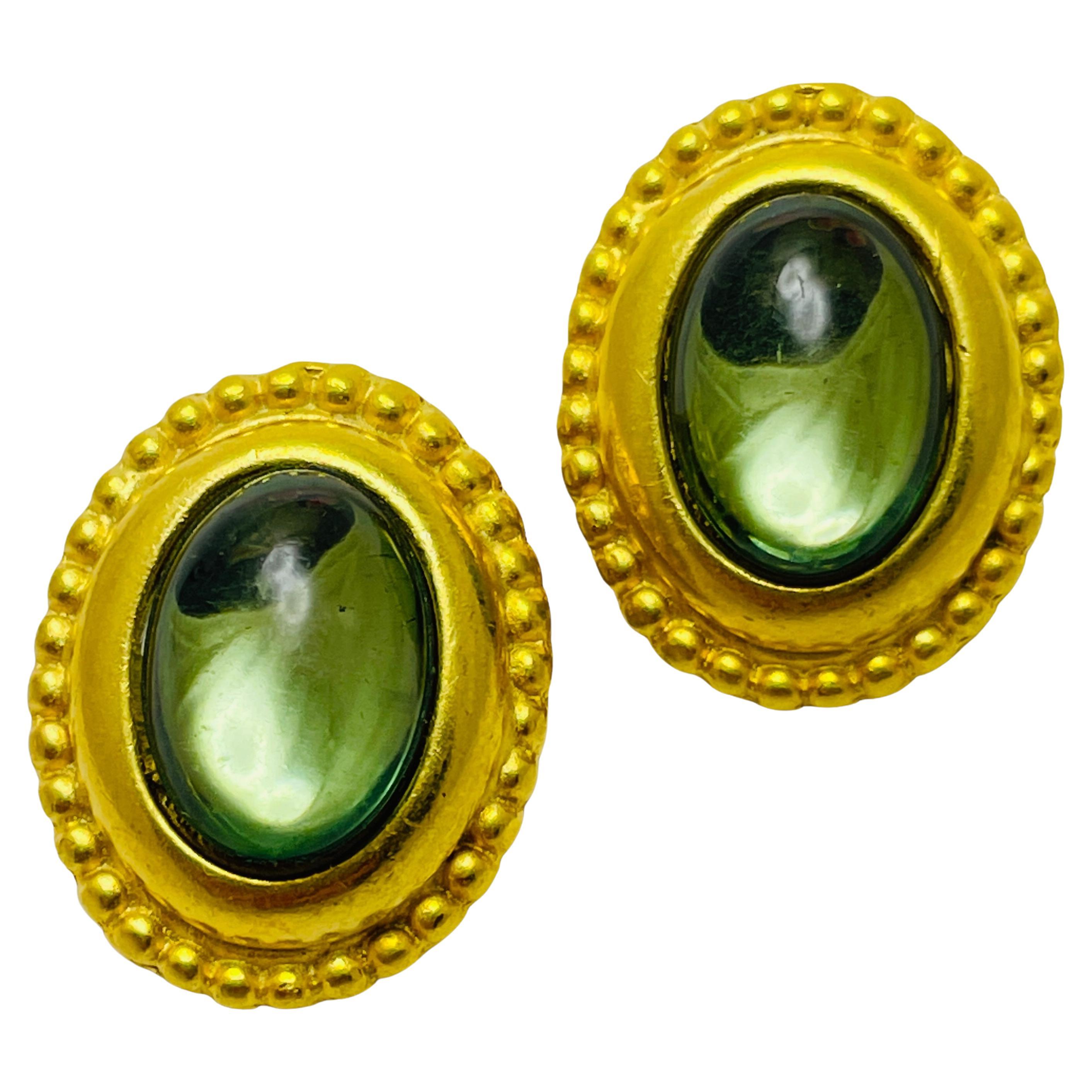 Vintage matte gold glass designer runway clip on earrings For Sale